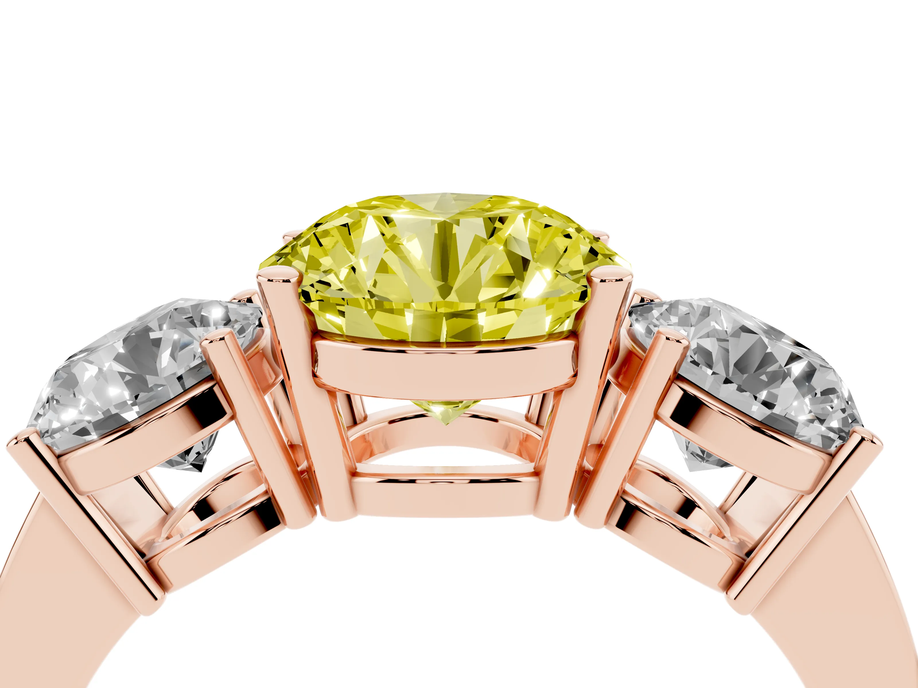 Fancy Yellow Round Cut Diamond Three-Stone Engagement Ring Set in Rose gold with Flat Band