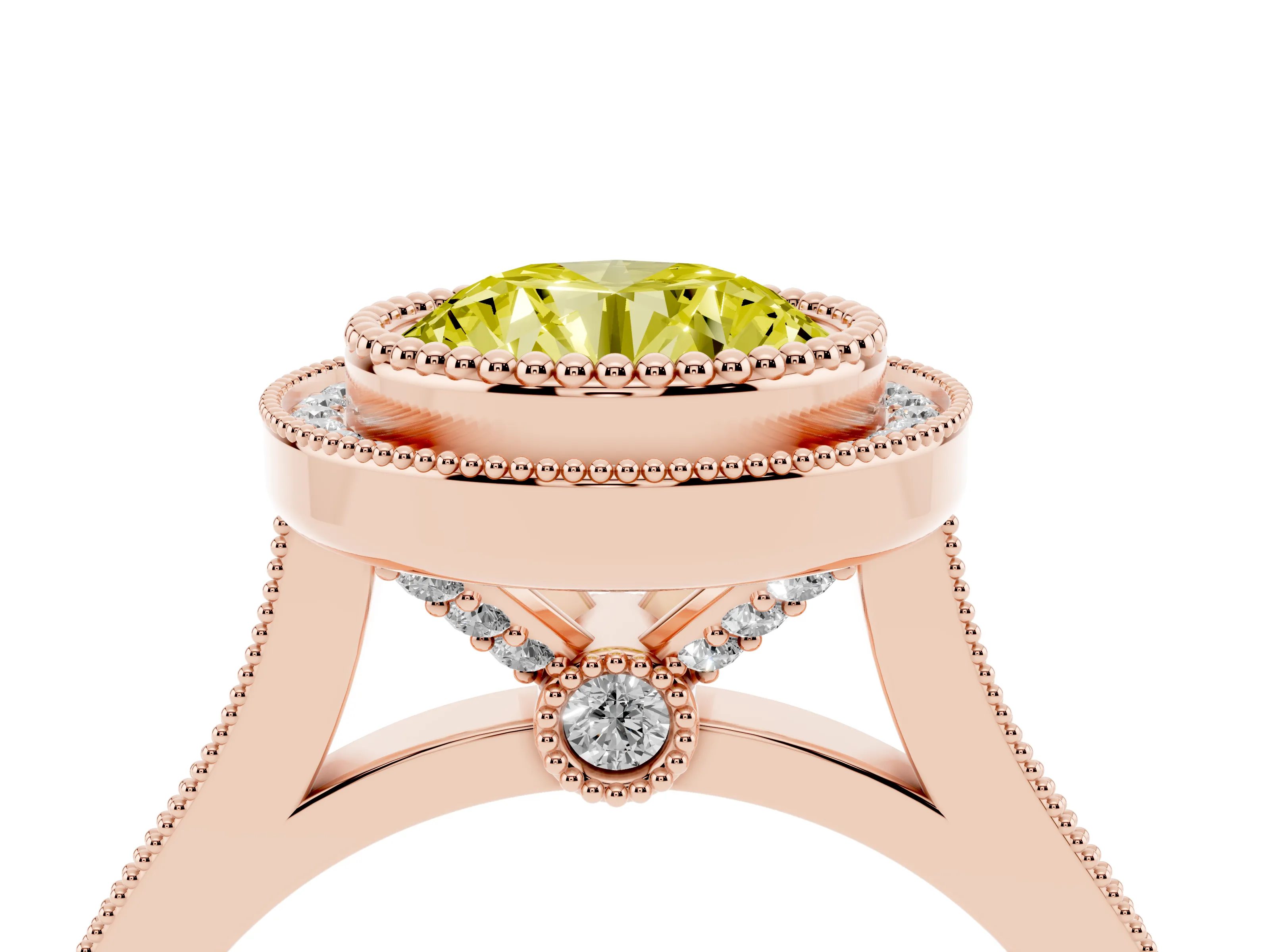Fancy Yellow Round Cut Diamond Halo Ring Set in Rose gold with Milgrain Frame and Pavé Band