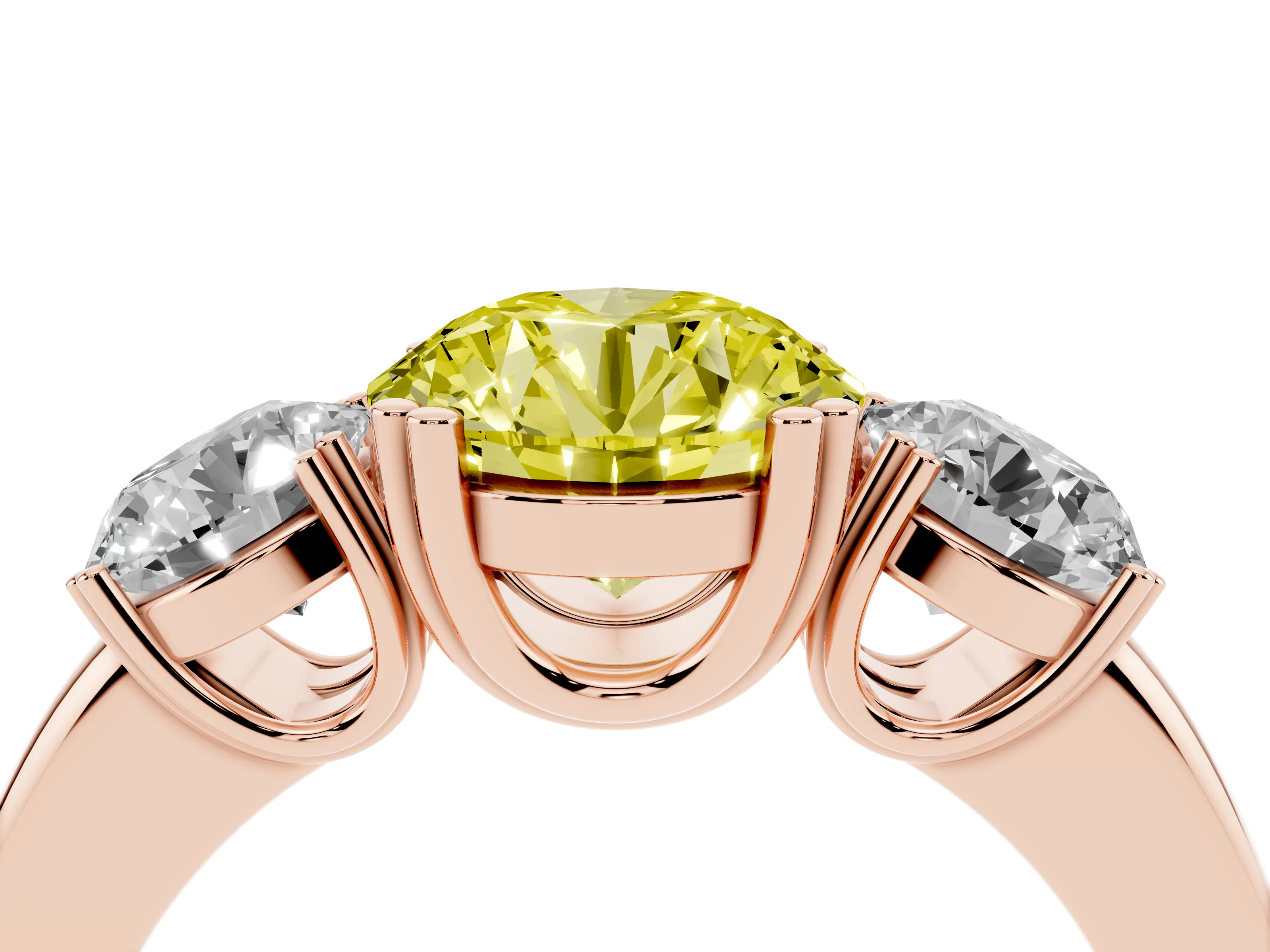 Fancy Yellow Round Cut Diamond Three-Stone Ring Set in Rose gold with Polished Channel-Set Band