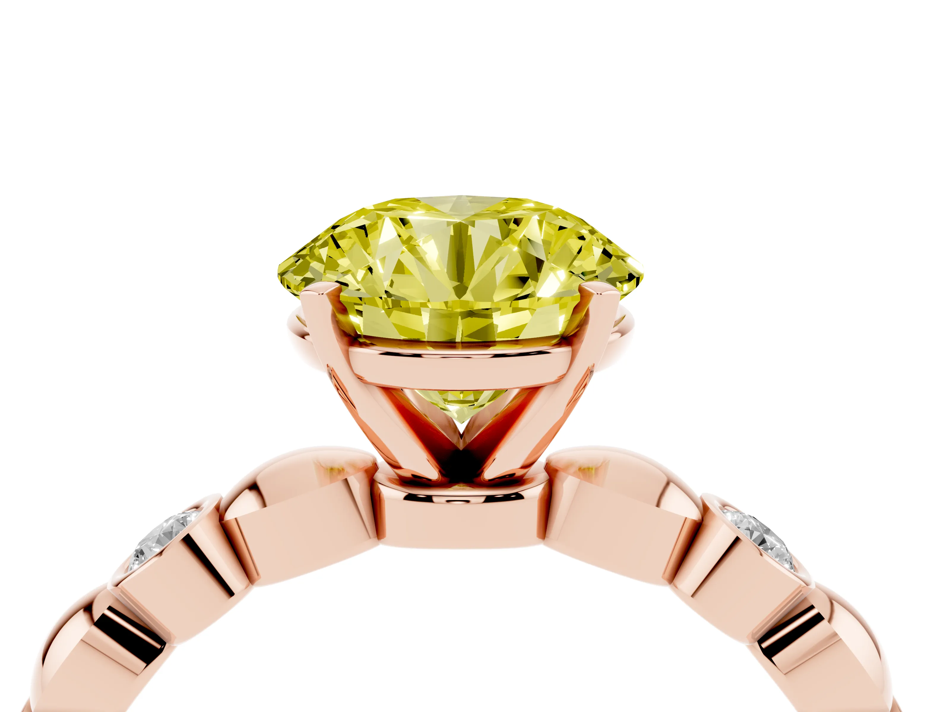 Fancy Yellow Round Cut Diamond Solitaire Ring Set in Rose gold with Bezel-Set Accents on Beaded Band and Prong Setting