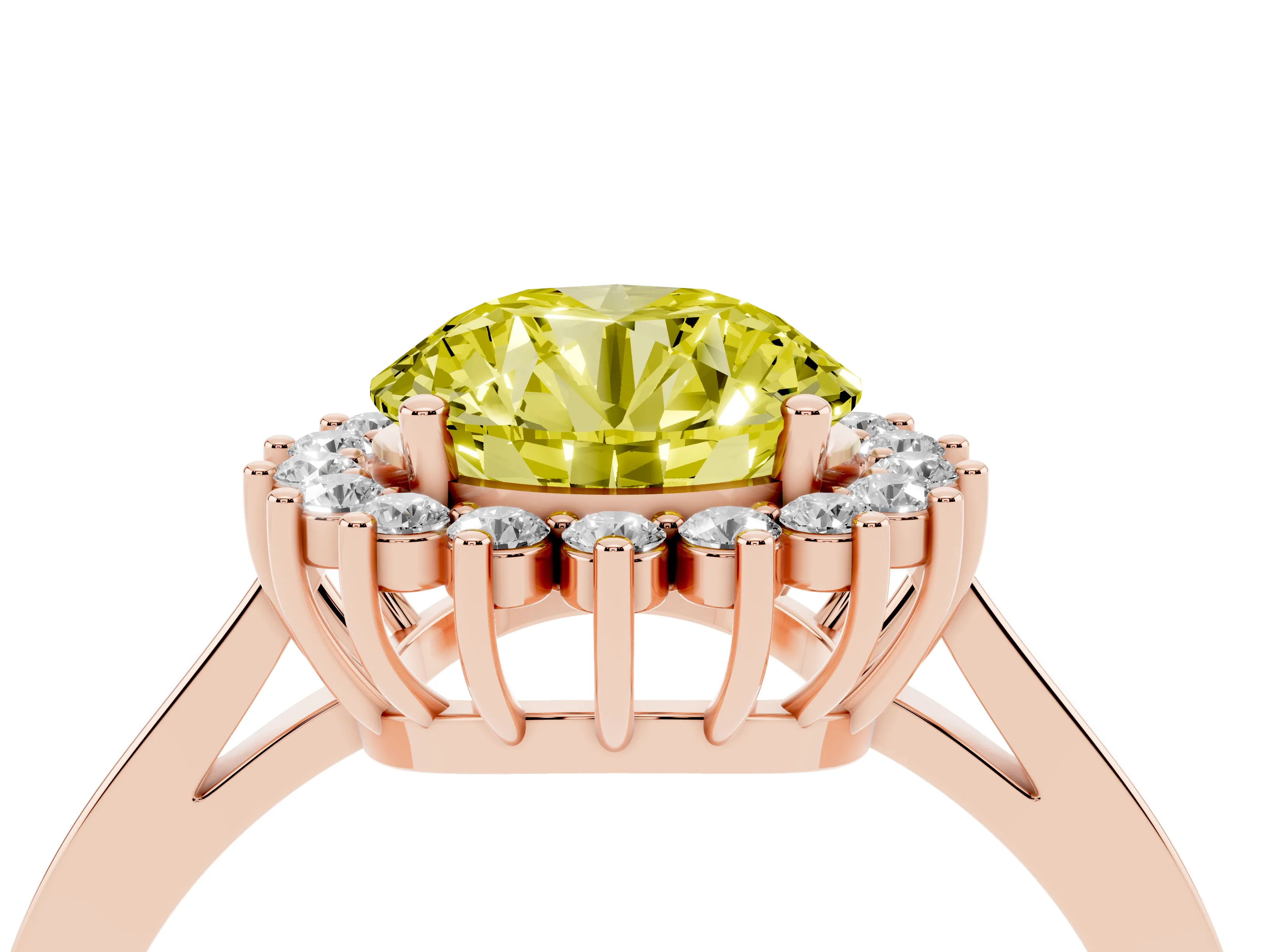 Fancy Yellow Round Cut Diamond Halo Ring Set in Rose gold with Round Halo and Smooth Solitaire Band