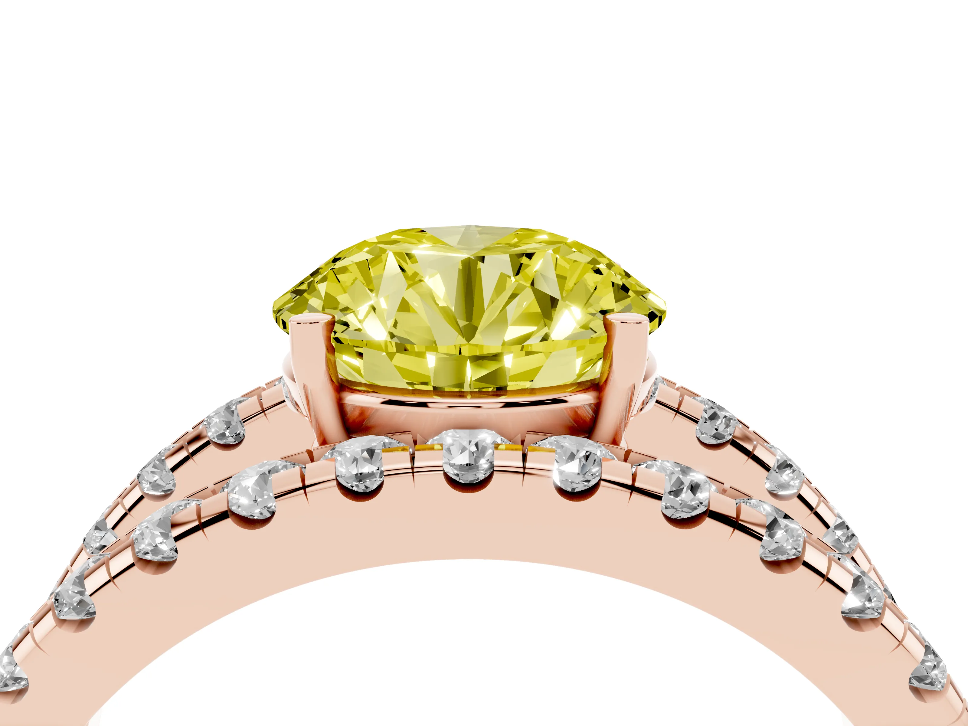 Fancy Yellow Round Cut Diamond Split Shank Pavé Solitaire Ring Set in Rose gold with Open Shank Design