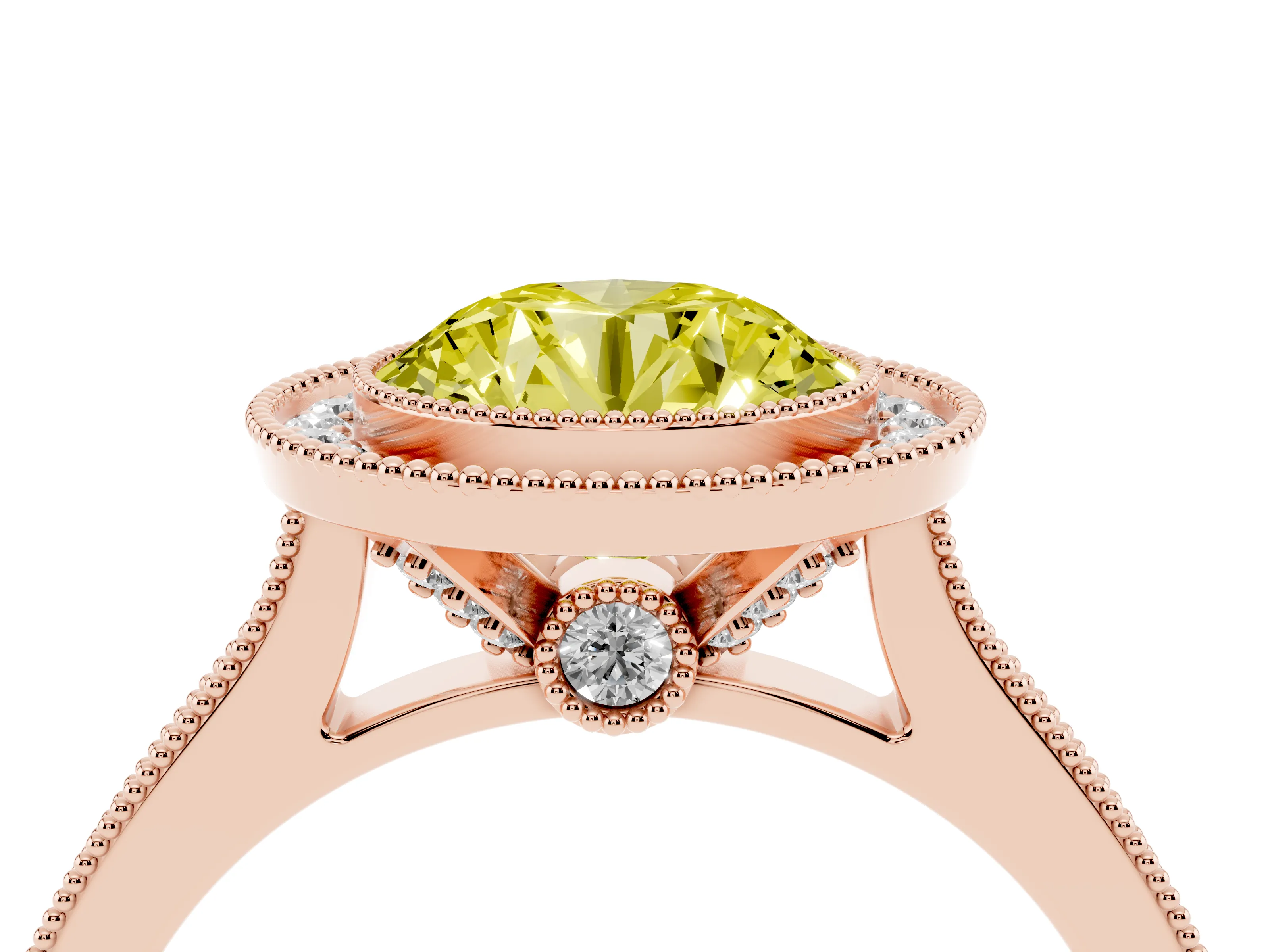 Fancy Yellow Round Cut Diamond Halo Milgrain Pavé Band Ring Set in Rose gold with Prong Setting