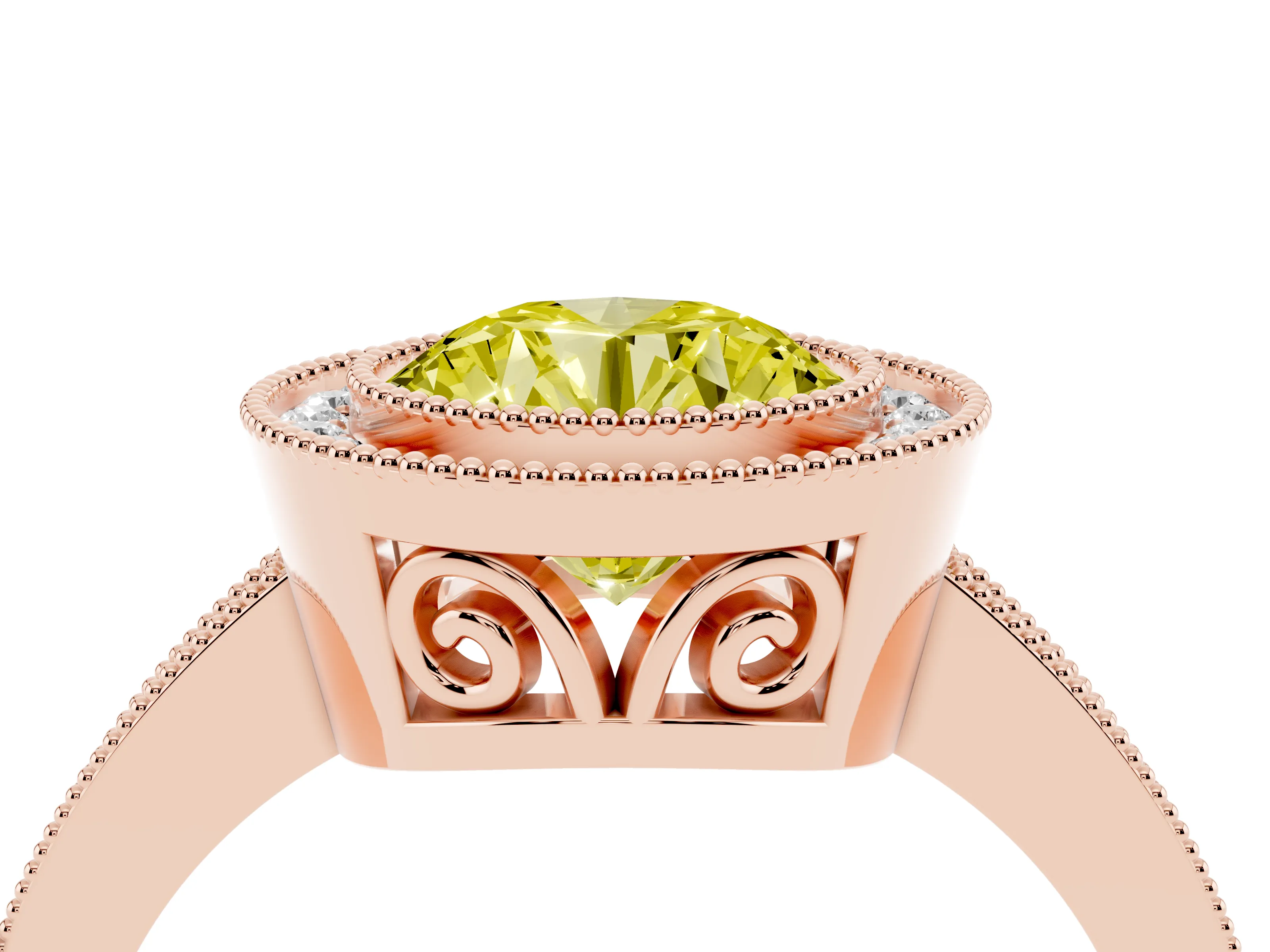 Fancy Yellow Round Cut Diamond Halo Ring Set in Rose gold with Pavé Band and Milgrain-Edged Prongs