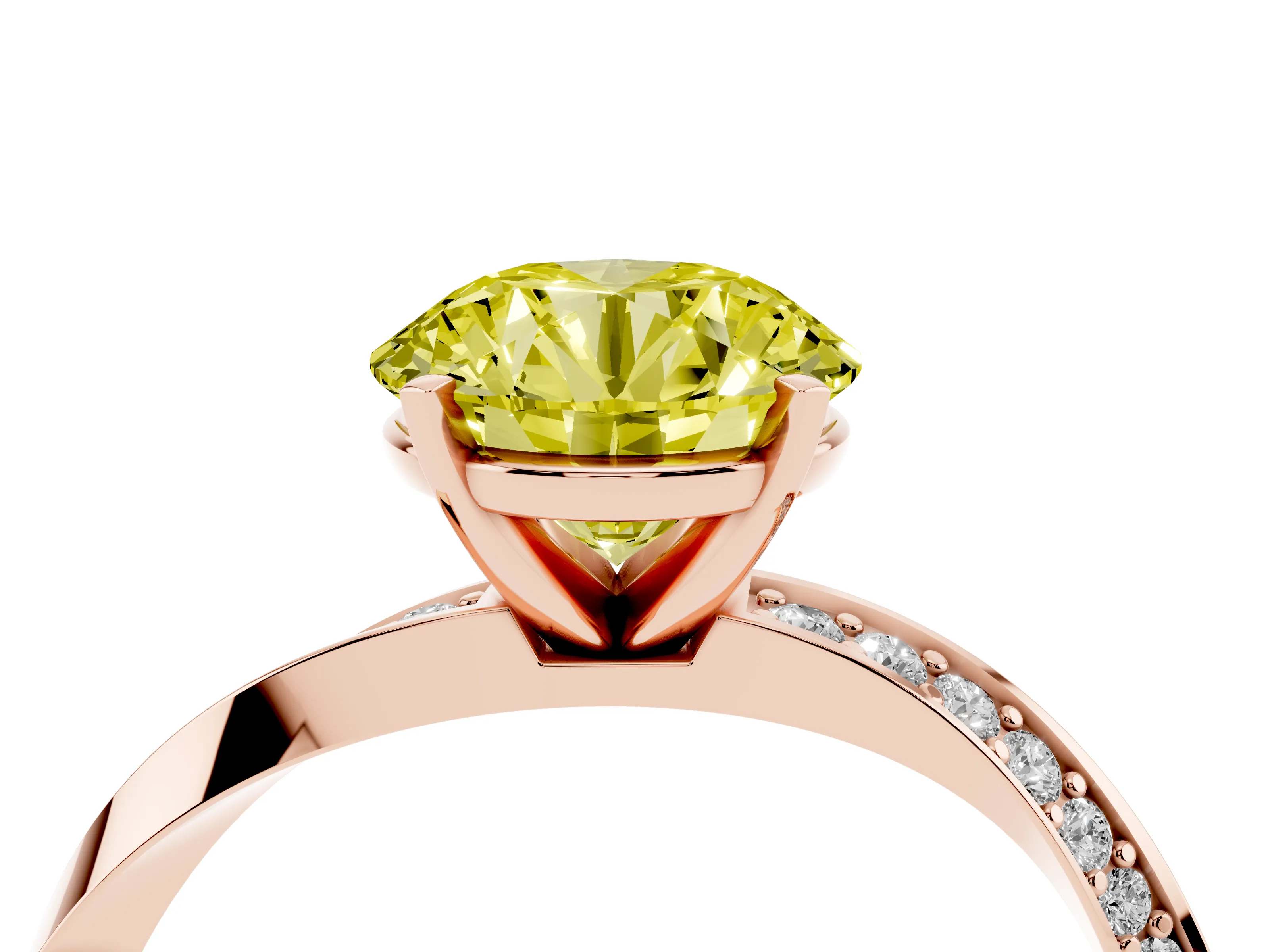 Fancy Yellow Round Cut Diamond Engagement Ring Set in Rose gold with Side Stone Accents and Prong Setting