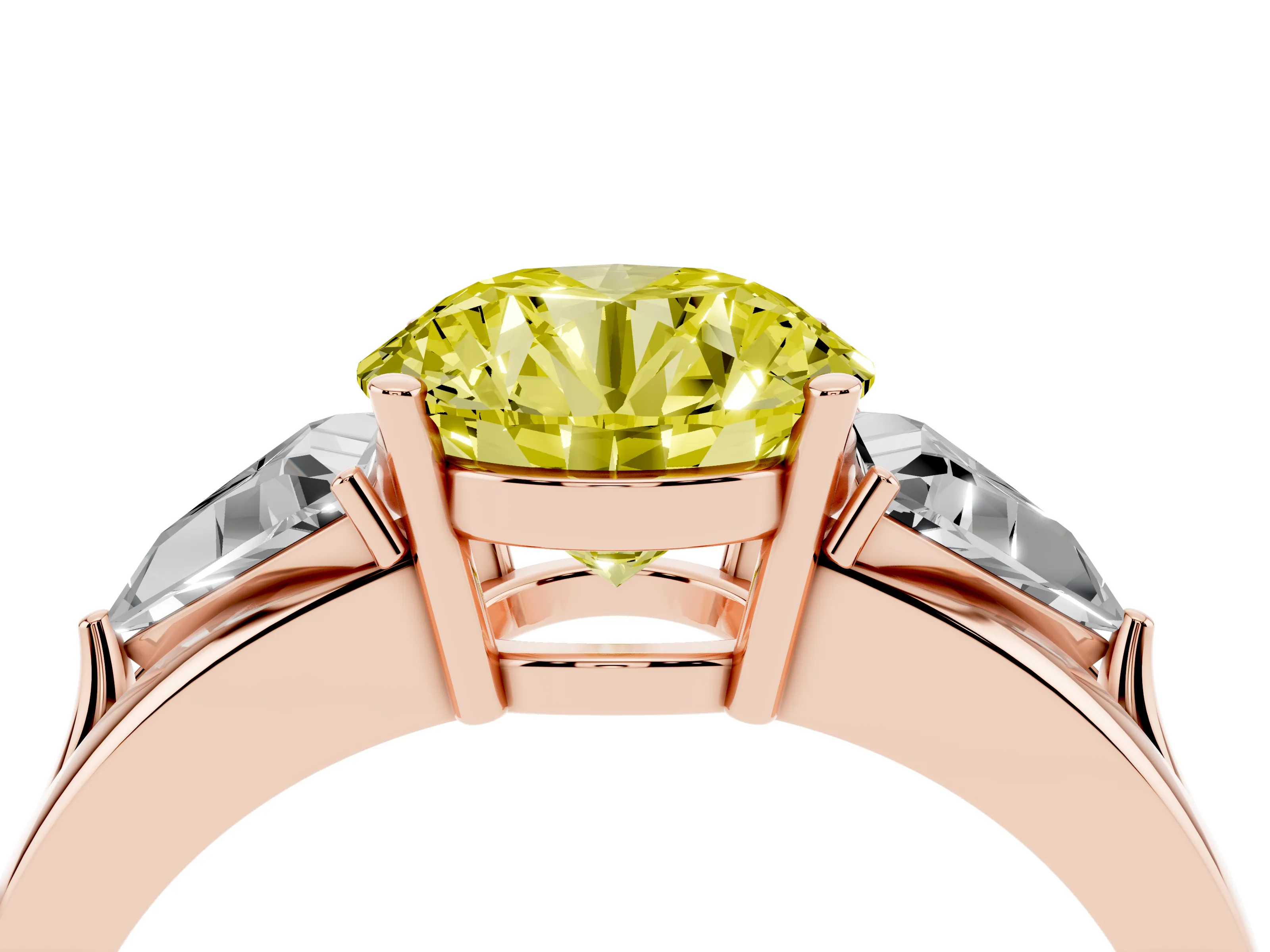 Fancy Yellow Round Cut Diamond Three-Stone Ring Set in Rose gold with Trillion Side Stones and Split Shank
