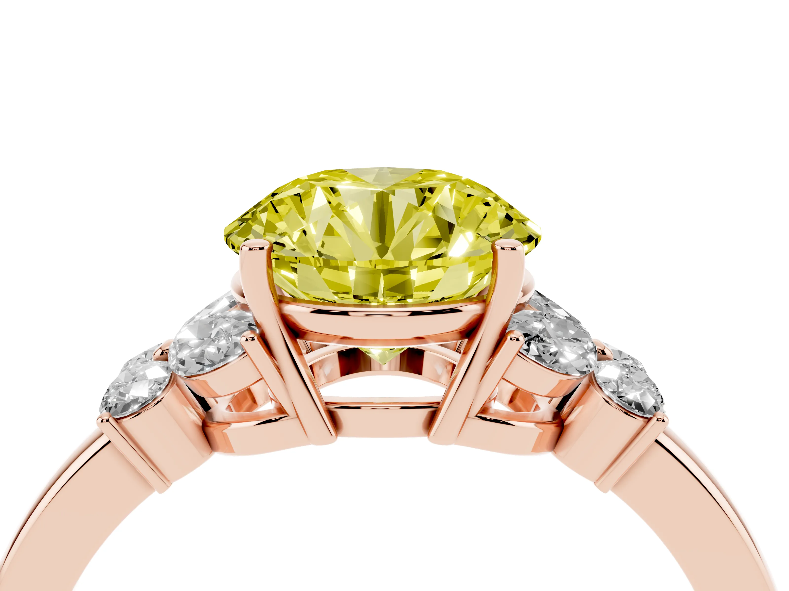 Fancy Yellow Round Cut Diamond Solitaire Floral Ring Set in Rose gold with Marquise Petals and Prong Setting