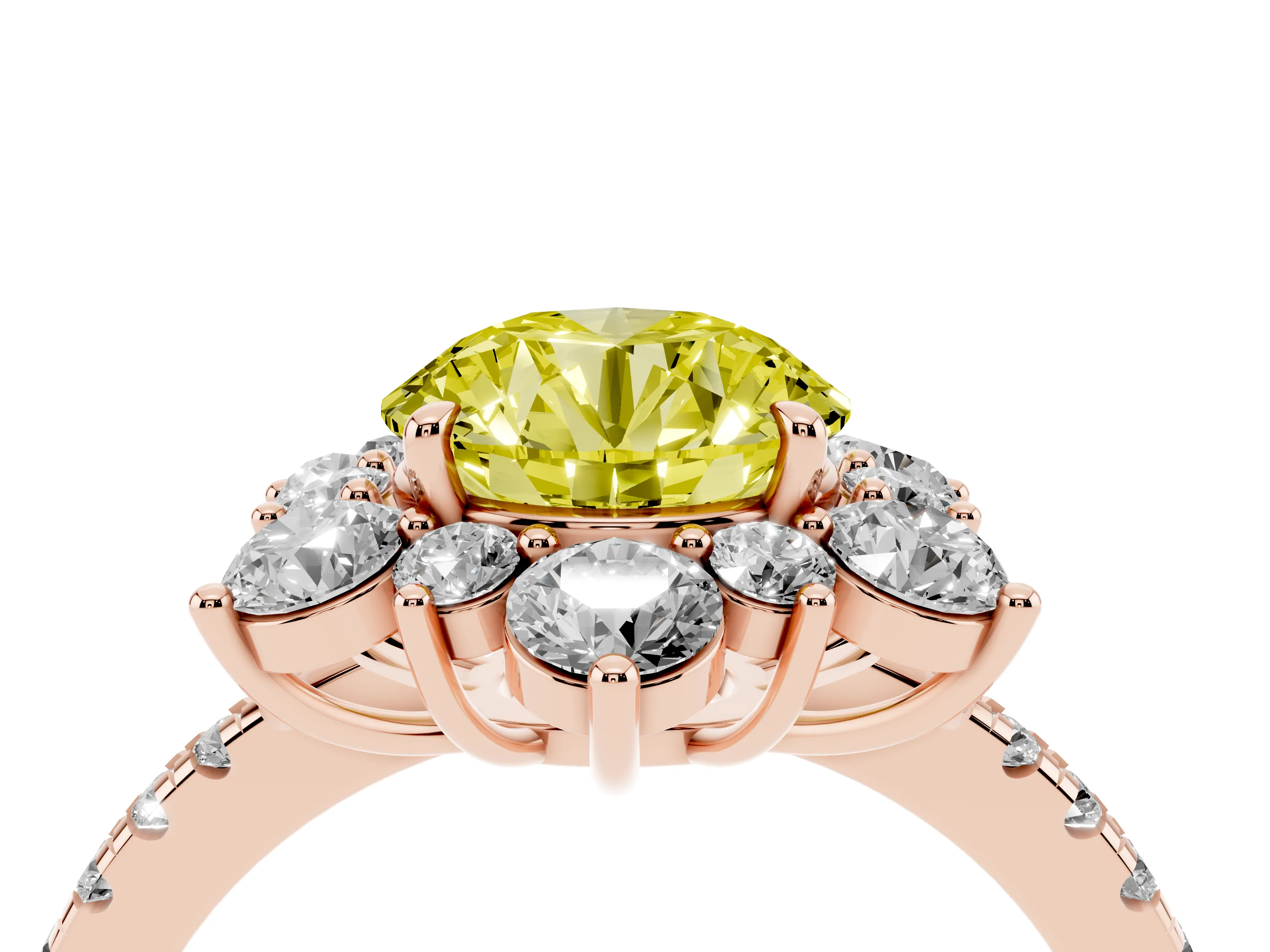 Fancy Yellow Round Cut Diamond Floral Halo Ring Set in Rose gold with Round Pavé Band and Prong Setting