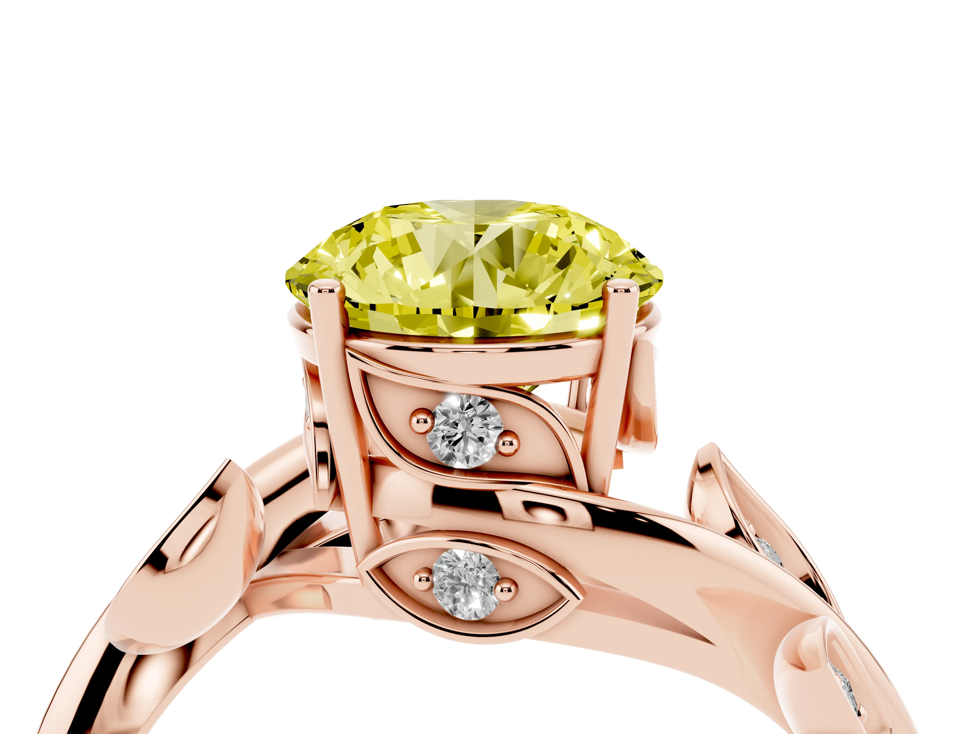 Fancy Yellow Round Cut Diamond Solitaire Twist Engagement Ring Set in Rose gold with Pavé Leaf Accents