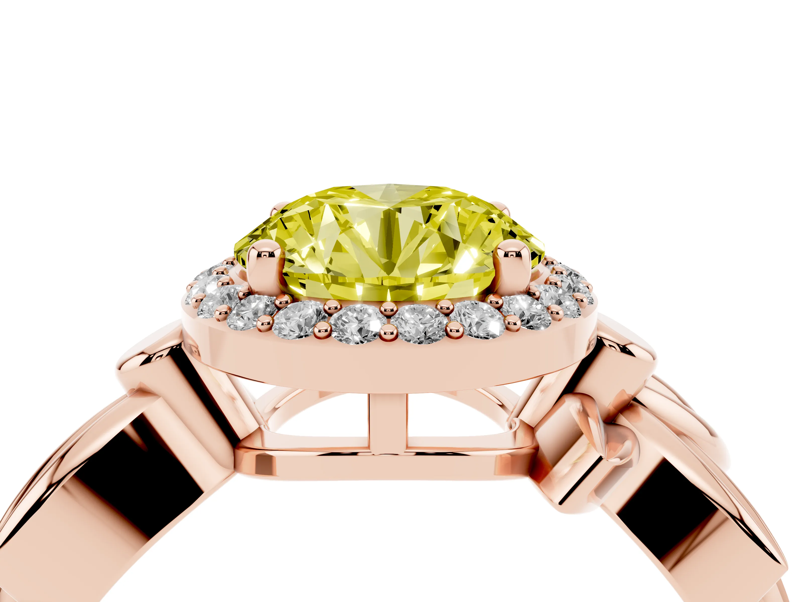 Fancy Yellow Round Cut Diamond Halo Floral Band Ring Set in Rose gold with Prong Setting