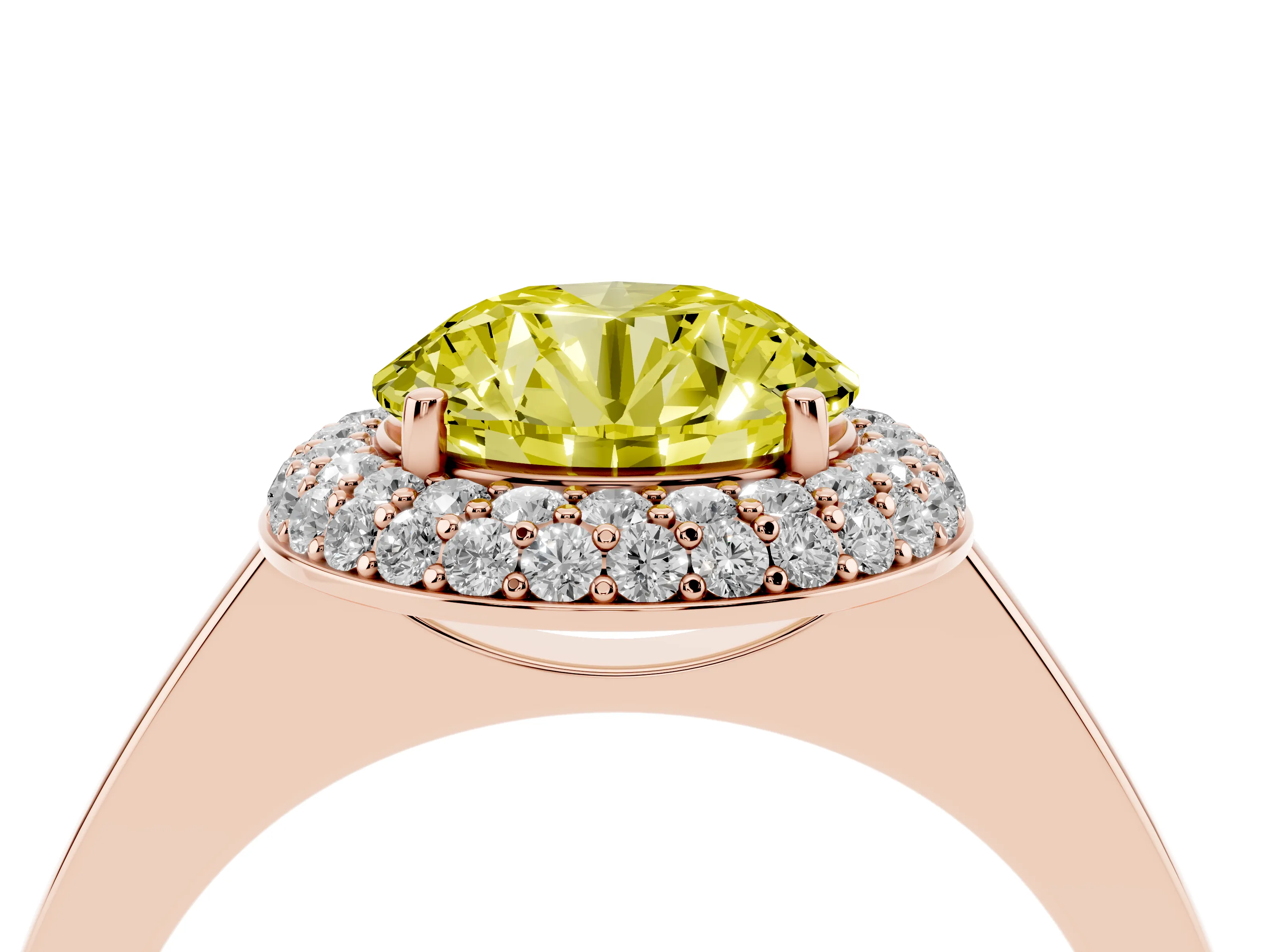 Fancy Yellow Round Cut Diamond Halo Engagement Ring Set in Rose gold with Solitaire Band and Prong Setting