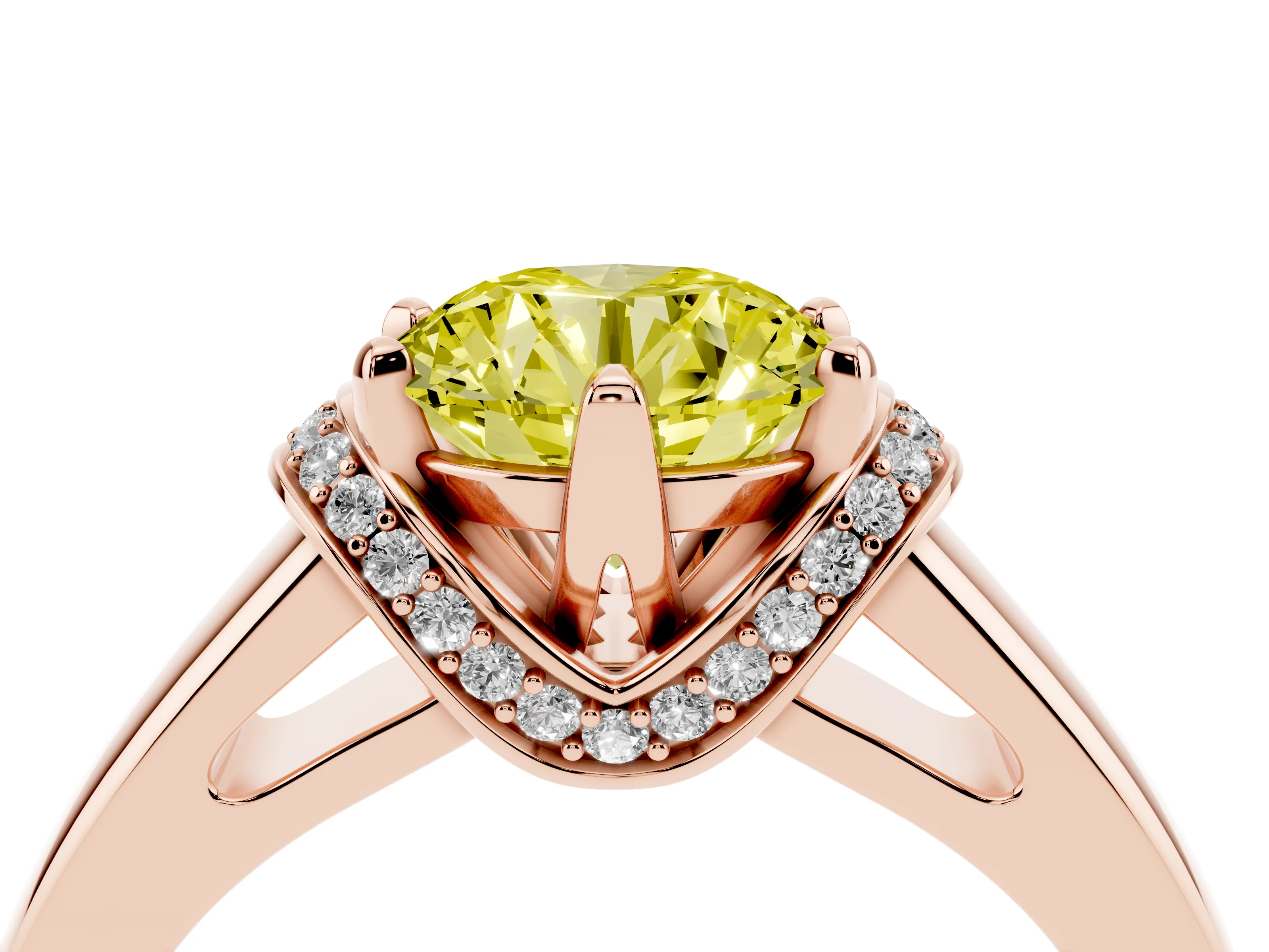 Fancy Yellow Round Cut Diamond Pavé Band Solitaire Ring Set in Rose gold with Prong Setting