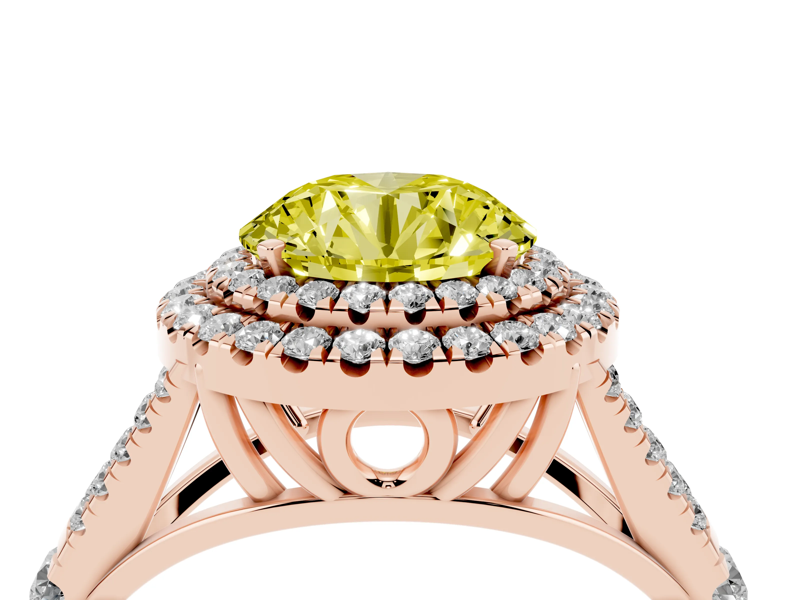 Fancy Yellow Round Cut Diamond Pavé Split Shank Double Halo Engagement Ring Set in Rose gold
