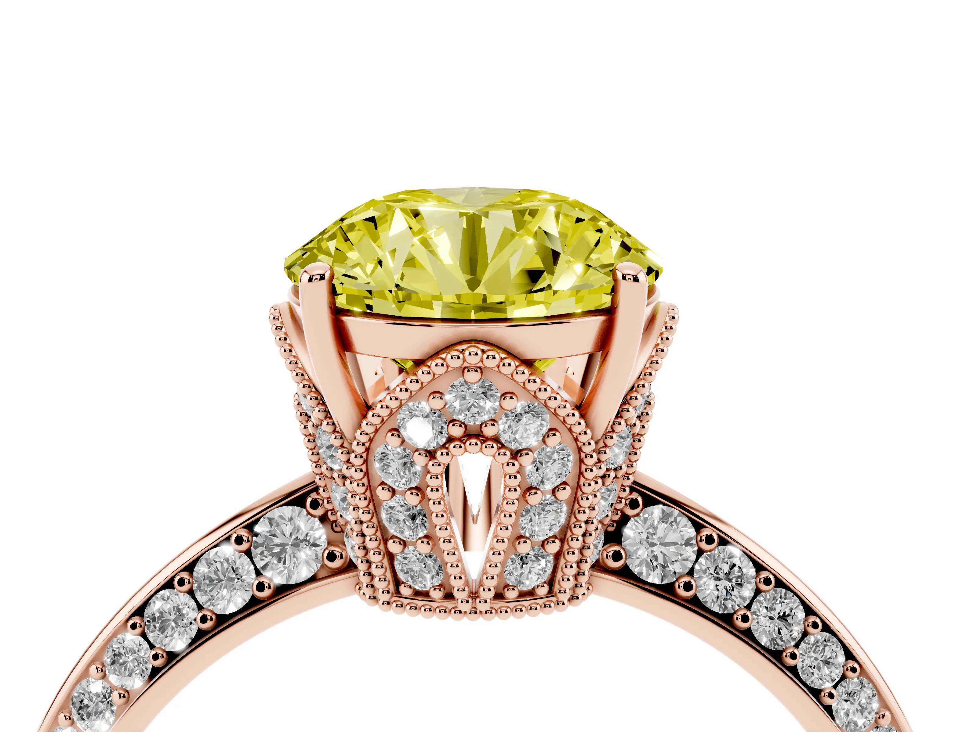 Fancy Yellow Round Cut Diamond Solitaire Engagement Ring Set in Rose gold with Pavé Split Shank and Prong Setting