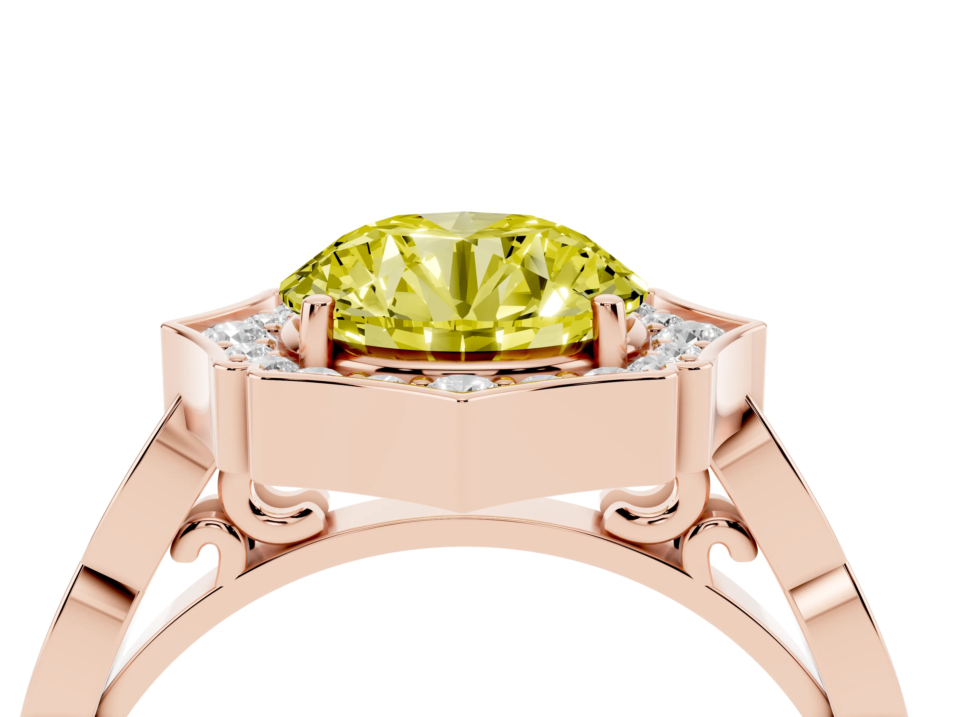 Fancy Yellow Round Cut Diamond Halo Engagement Ring Set in Rose gold with Milgrain Band and Prong Setting