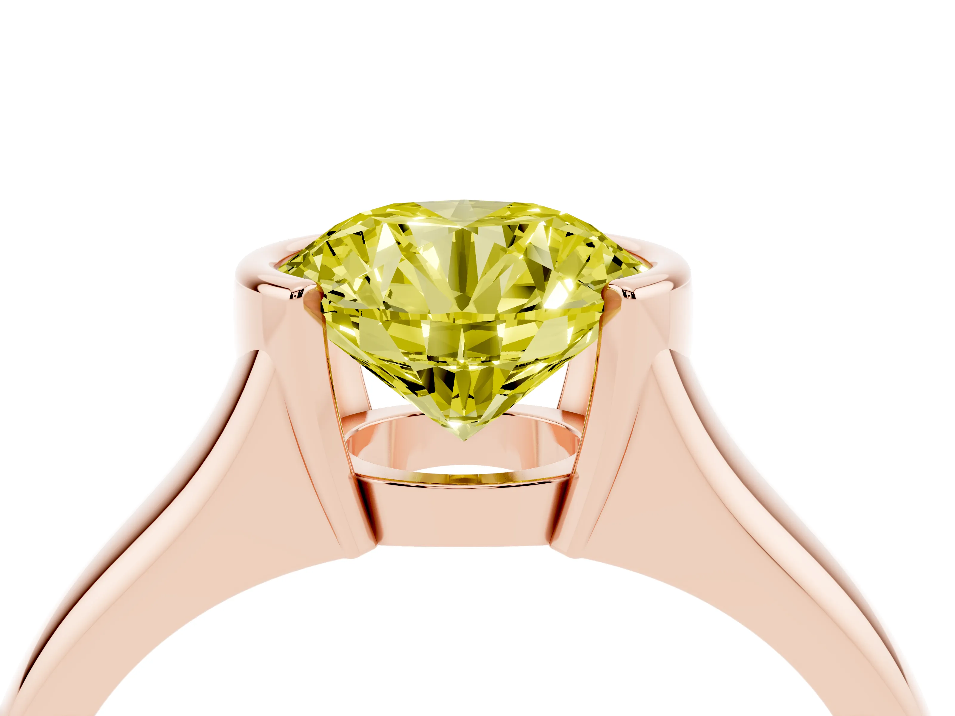 Fancy Yellow Round Cut Diamond Solitaire Tension Set Ring Set in Rose gold with Split Shank Band