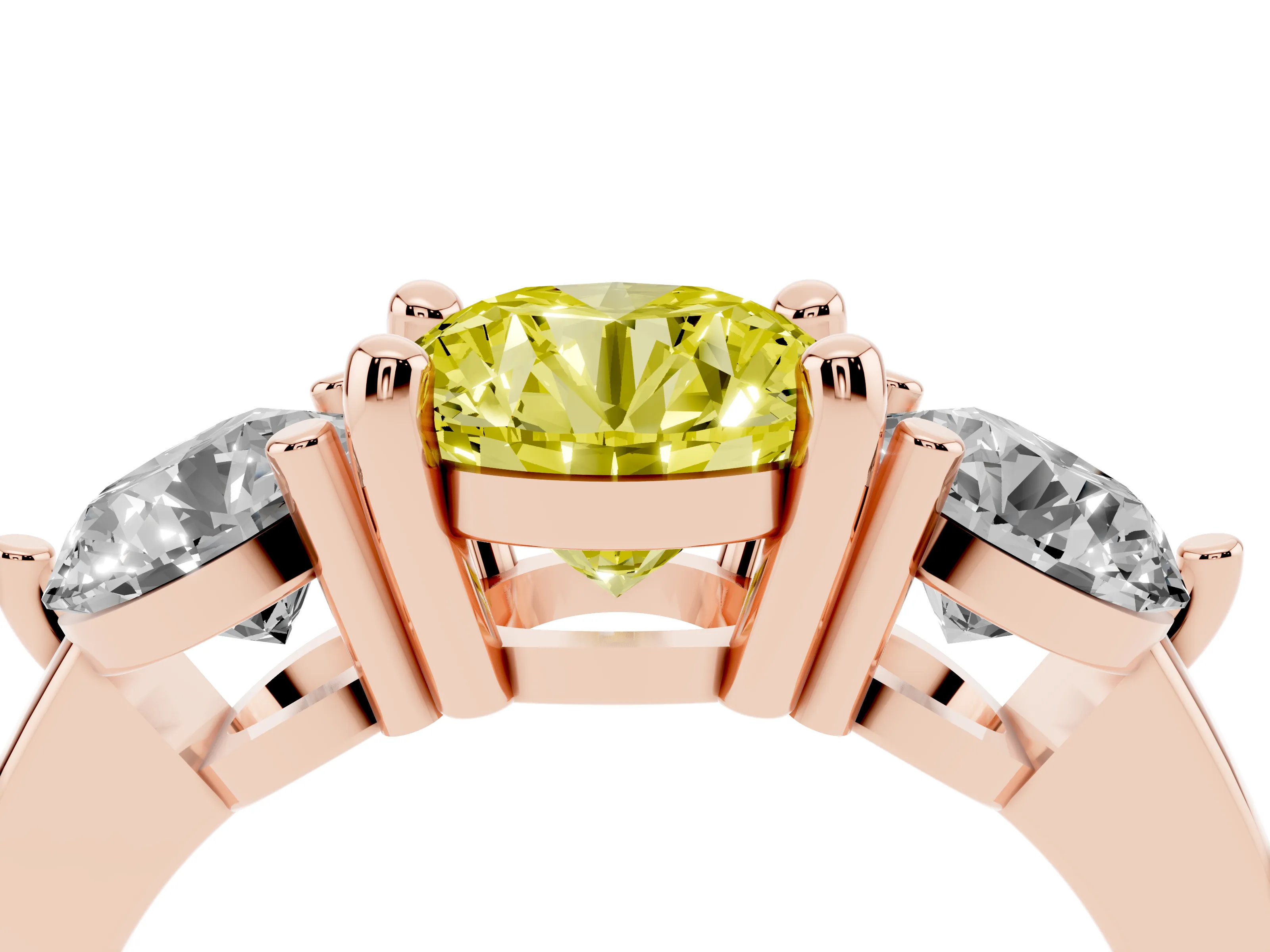 Fancy Yellow Round Cut Diamond Three-Stone Ring Set in Rose gold with Prong Setting and Classic Band