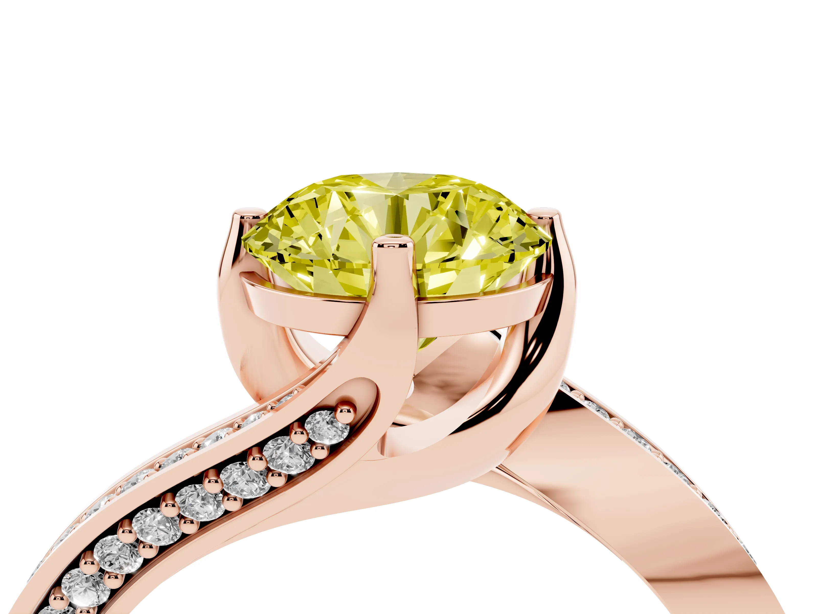 Fancy Yellow Round Cut Diamond Solitaire Ring Set in Rose gold with Intertwined Pavé Twist Band