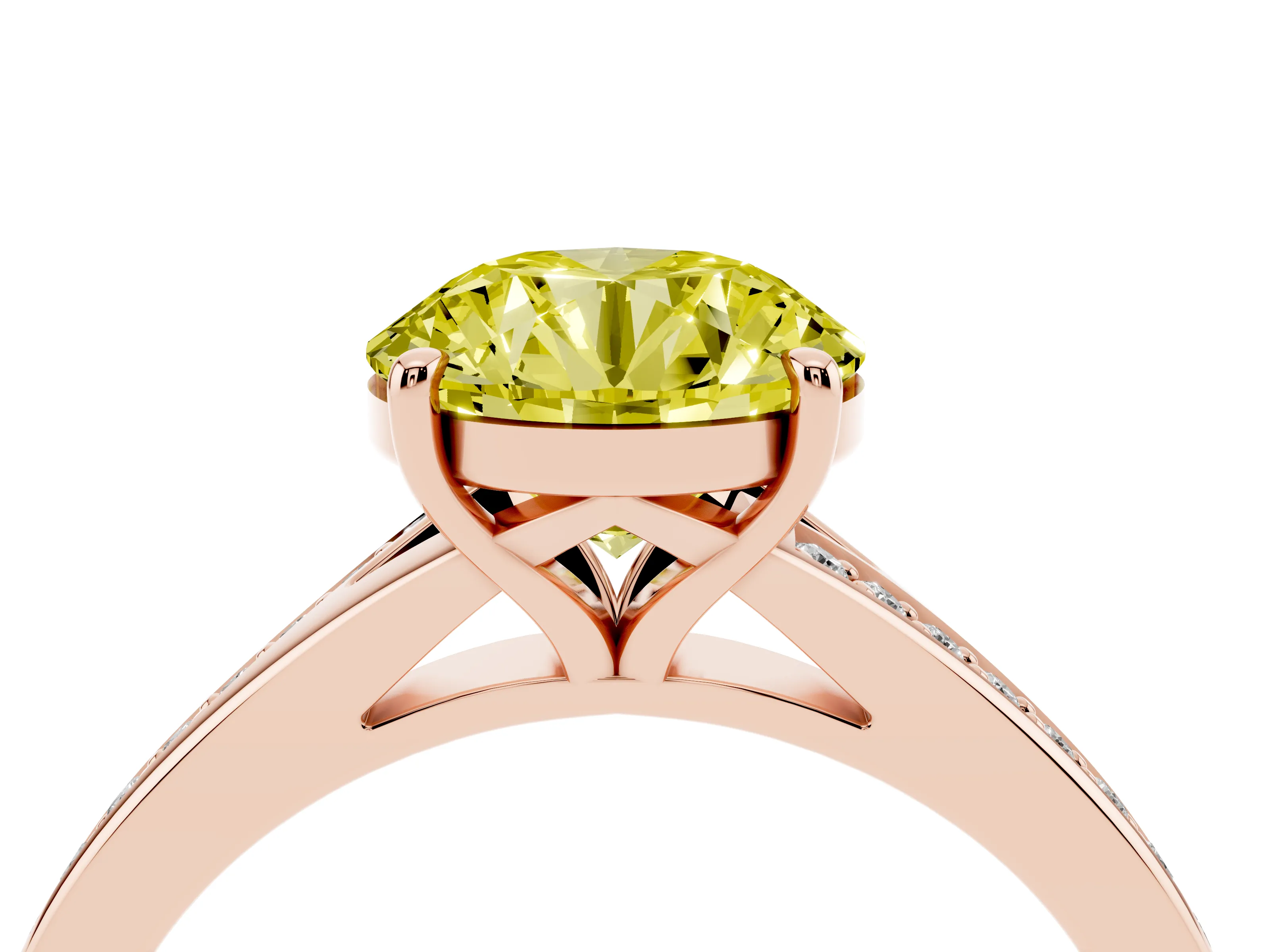 Fancy Yellow Round Cut Diamond Solitaire Ring Set in Rose gold with Pavé Accent Band and Classic Prong Setting