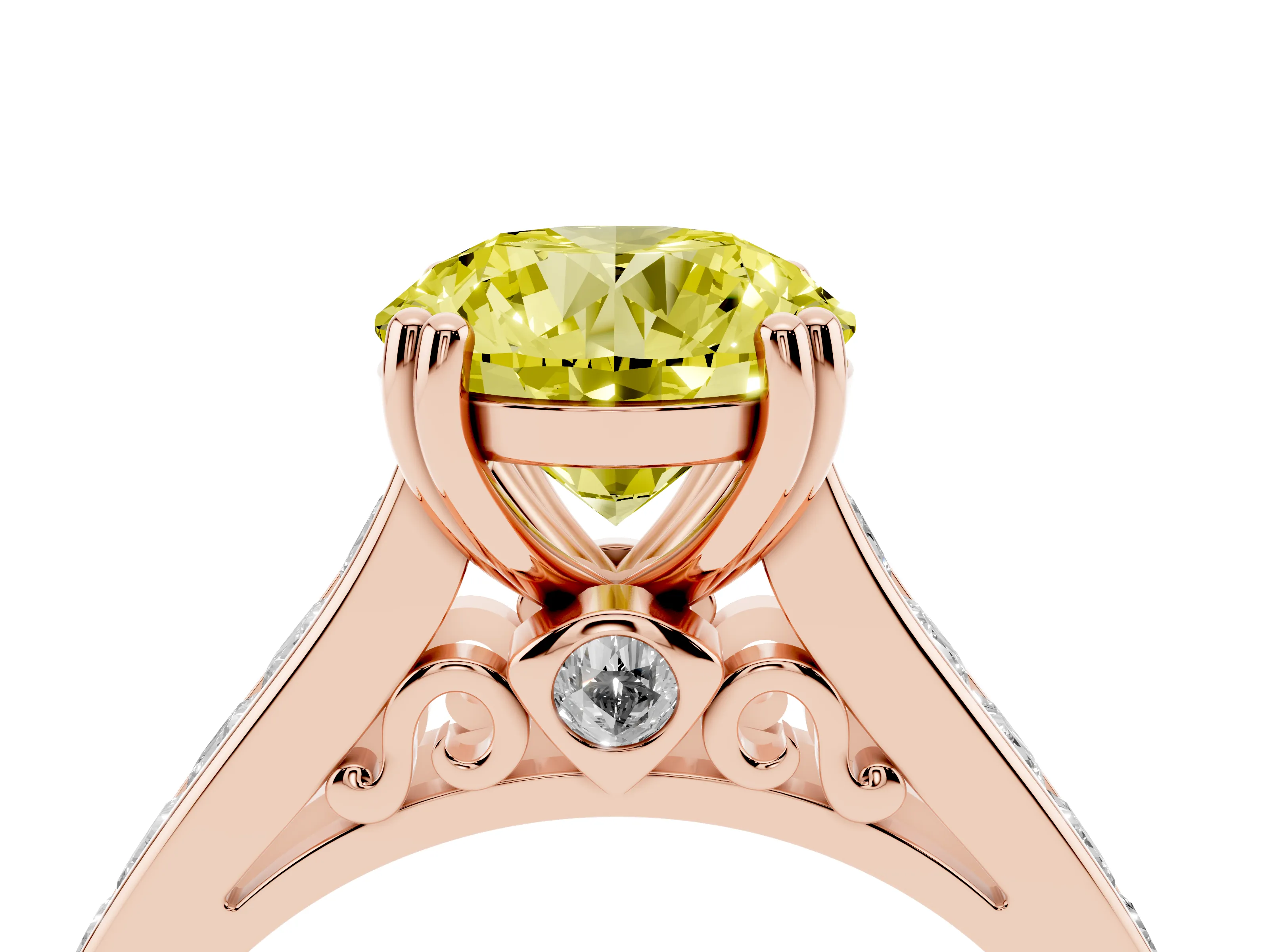 Fancy Yellow Round Cut Diamond Channel Set Solitaire Engagement Ring Set in Rose gold with Prong Setting