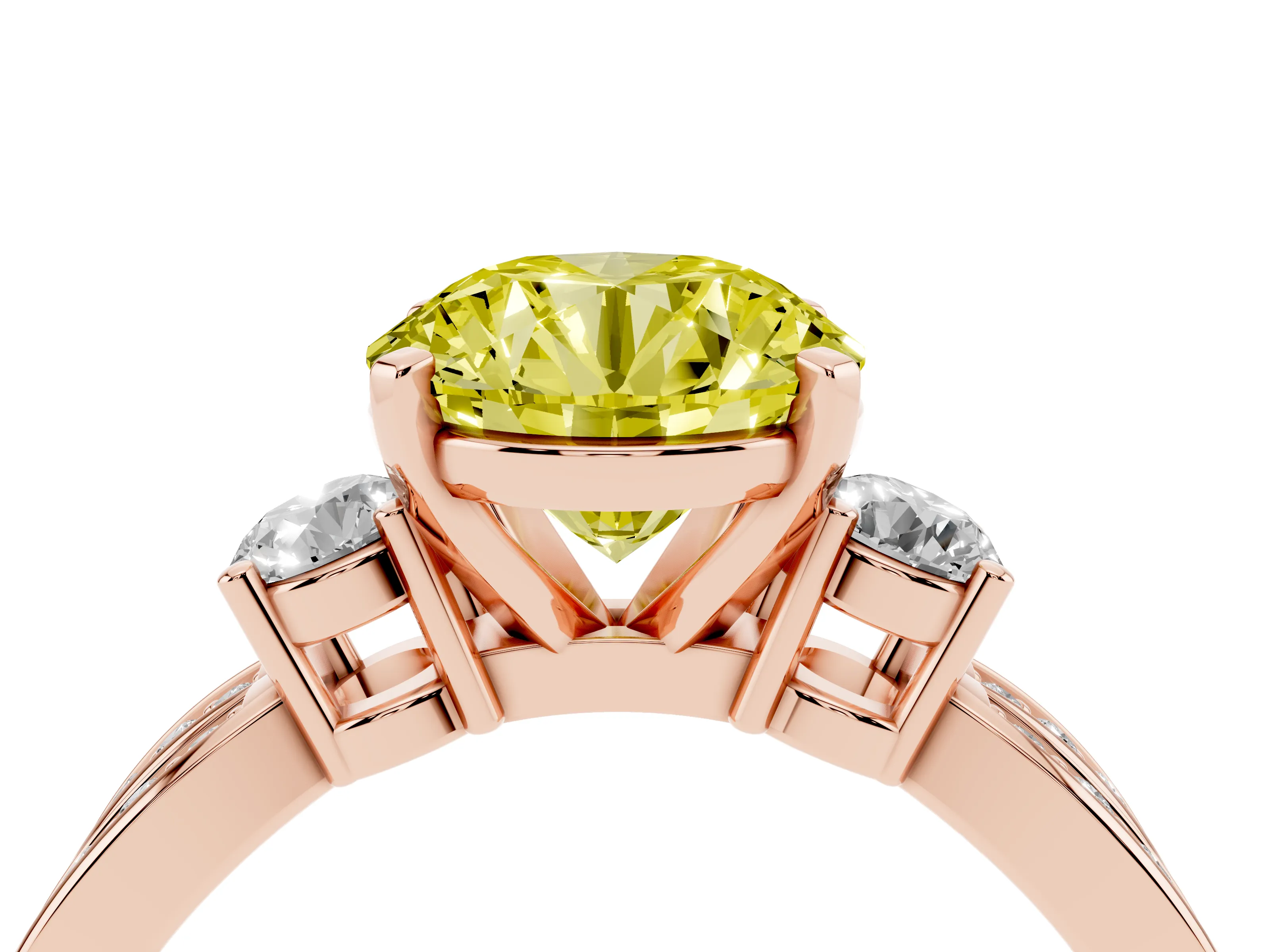 Fancy Yellow Three-Stone Round Cut Diamond Twist Band Ring Set in Rose gold with Pavé Accents and Prong Setting
