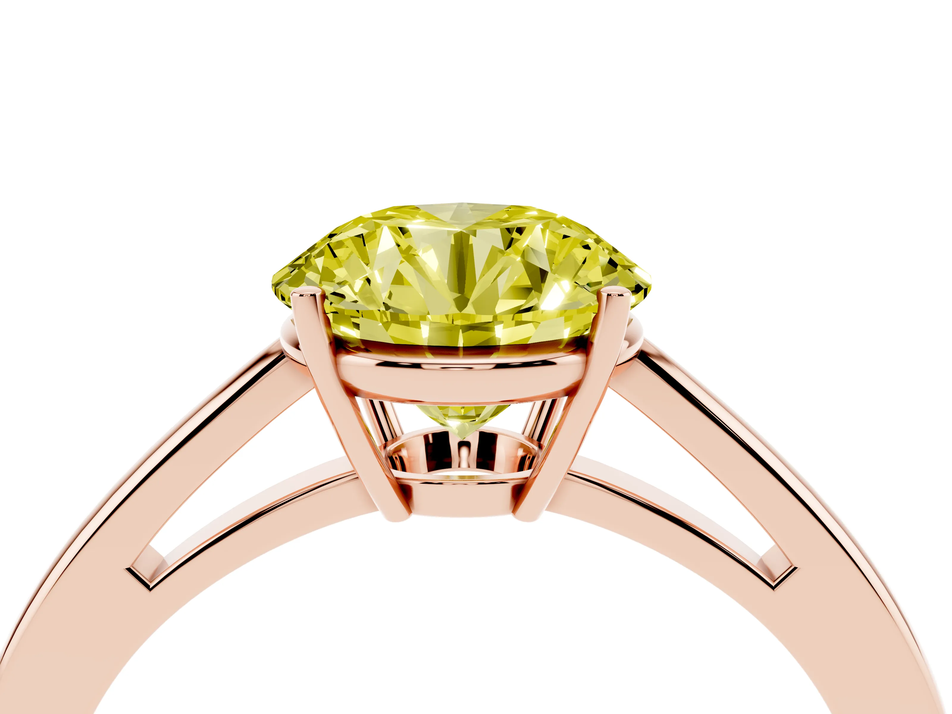Fancy Yellow Round Cut Diamond Solitaire Ring Set in Rose gold with Split Shank and Prong Setting