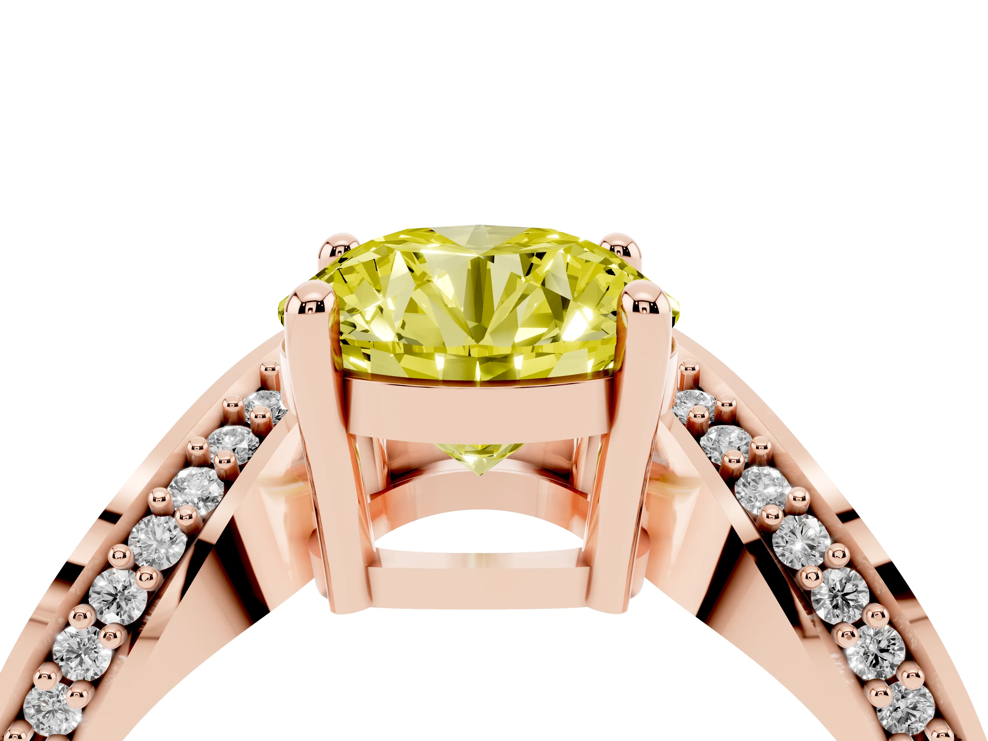 Fancy Yellow Round Cut Diamond Solitaire Engagement Ring Set in Rose gold with Pavé Shoulders