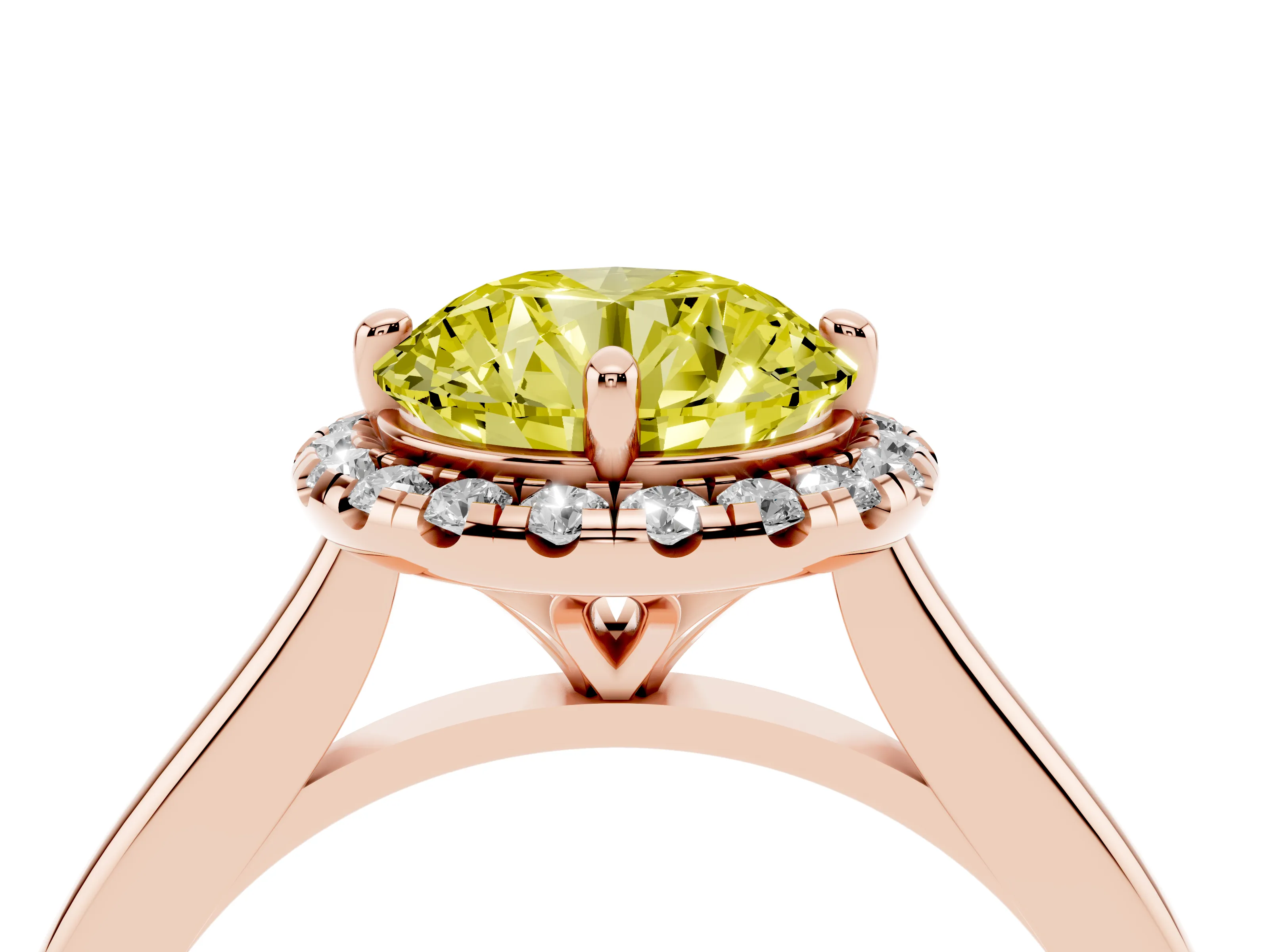 Fancy Yellow Round Cut Diamond Halo Engagement Ring Set in Rose gold with Pavé Band and Rising Shoulders
