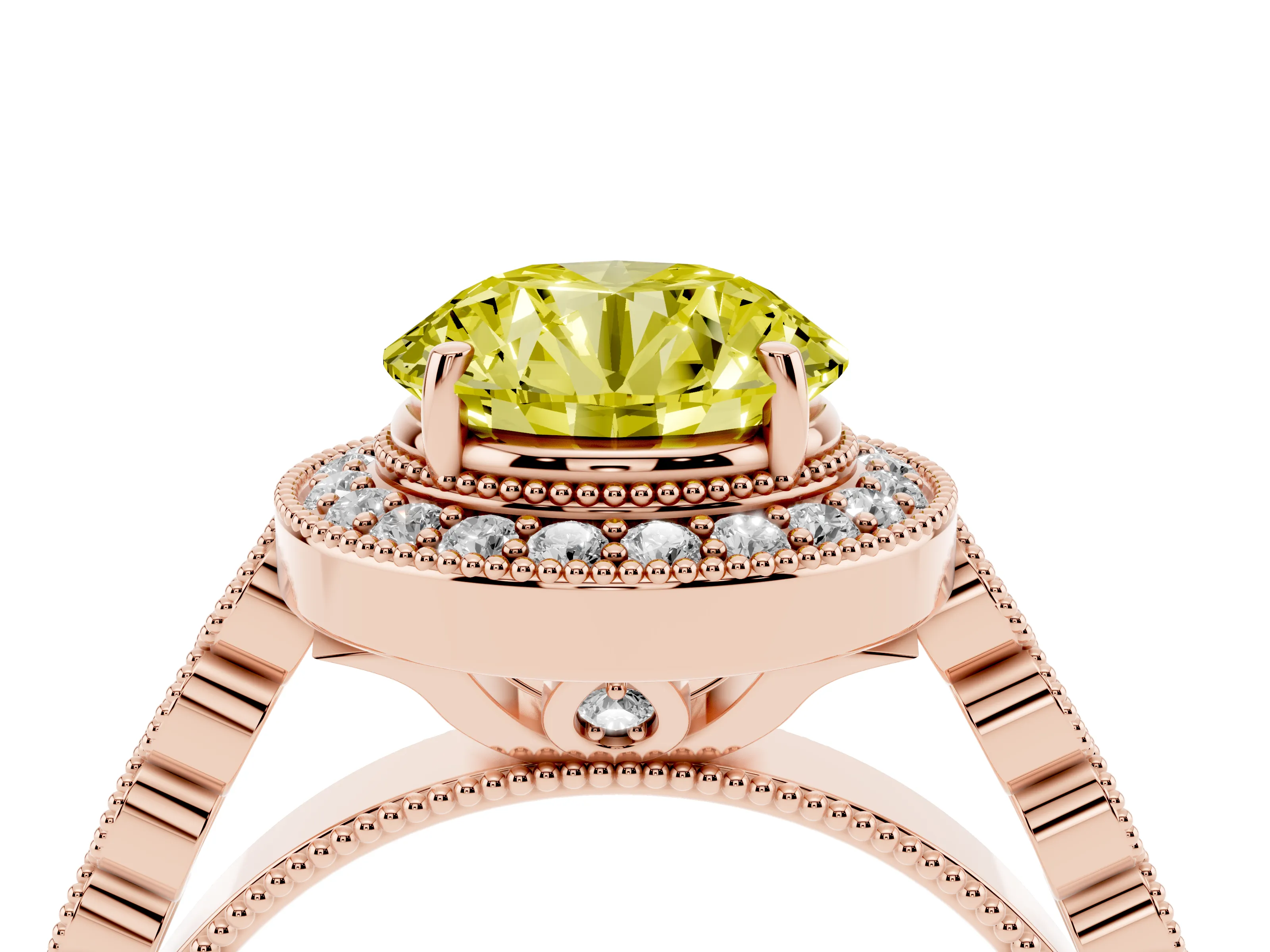 Fancy Yellow Round Cut Diamond Milgrain Halo Solitaire Ring Set in Rose gold with Bezel Set Side Stones and Pavé Band