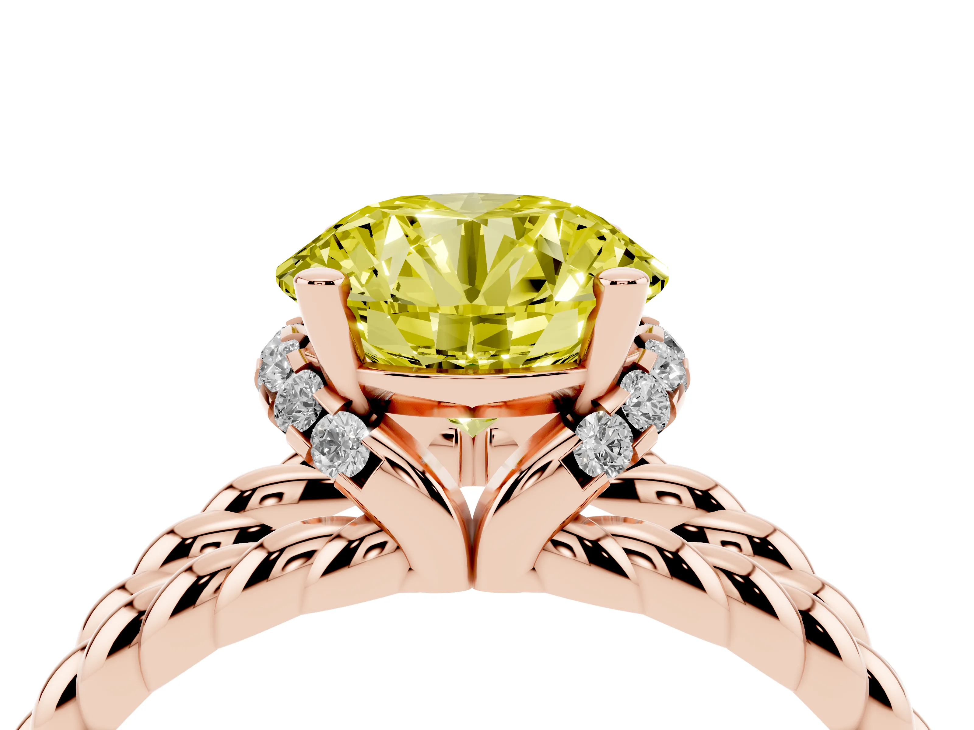 Fancy Yellow Round Cut Diamond Halo Ring Set in Rose gold with Twisted Band and Prong Setting