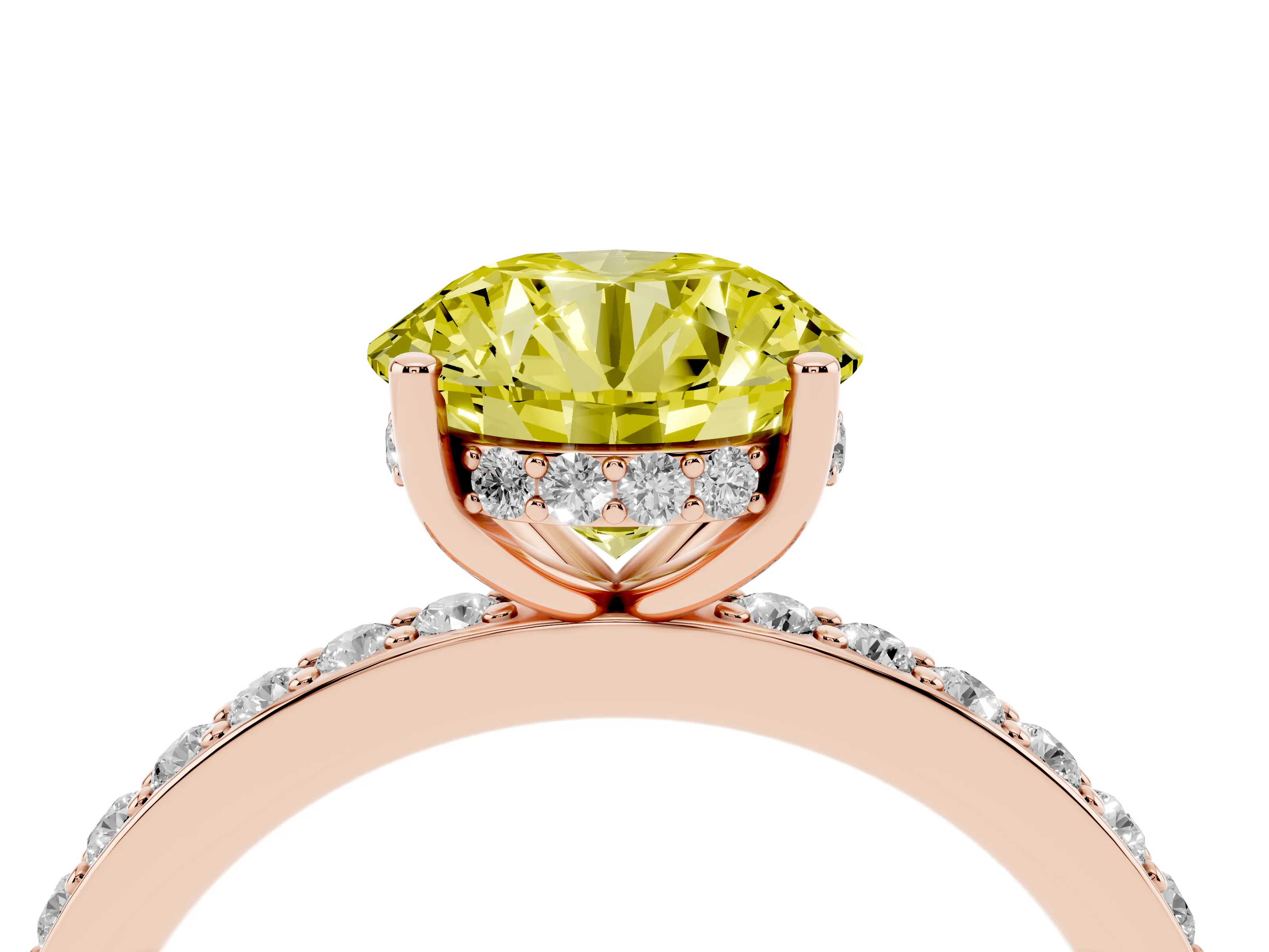 Fancy Yellow Round Cut Diamond Pavé Band Ring Set in Rose gold with Prong-Set Center Stone
