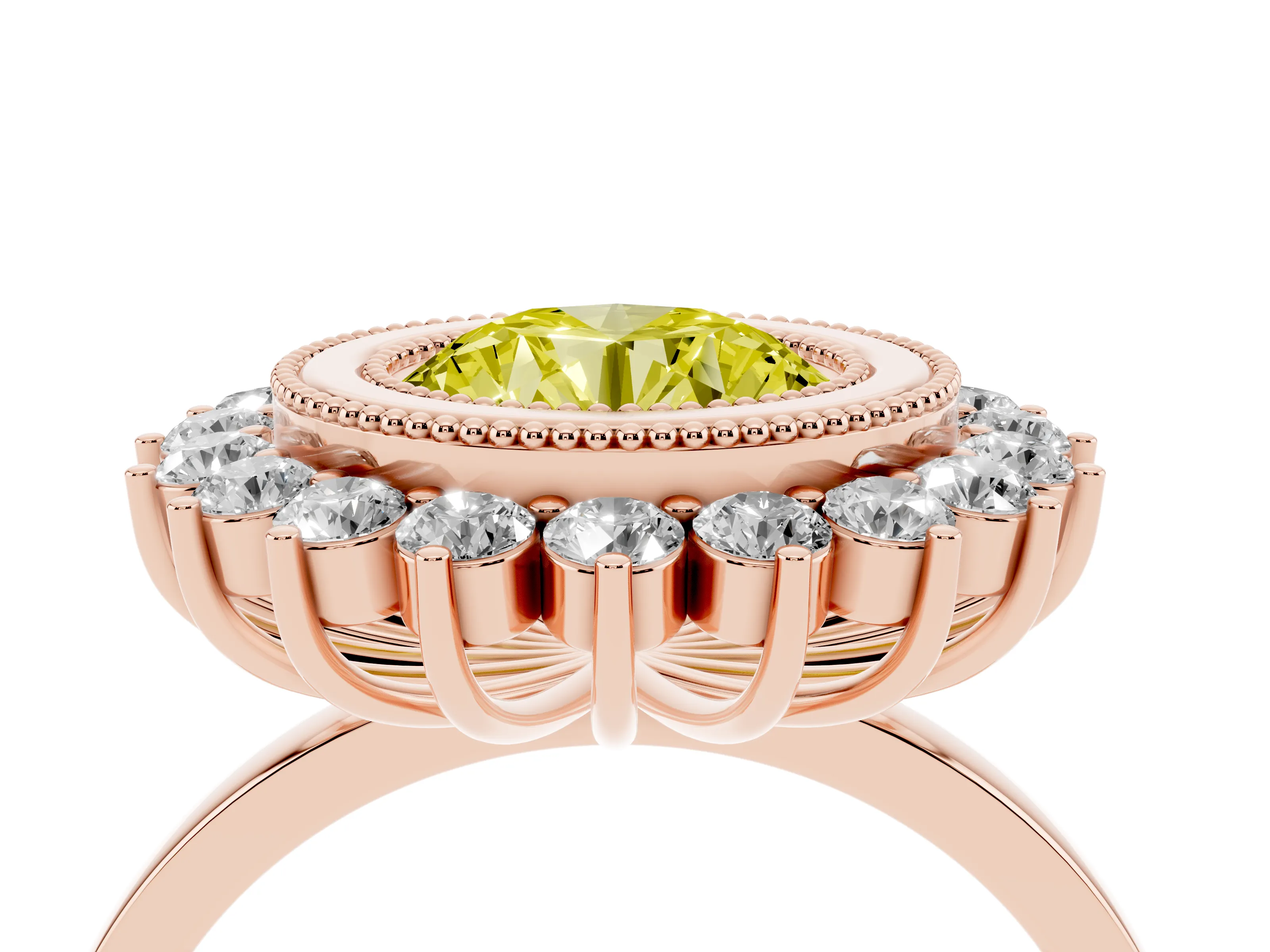 Fancy Yellow Round Cut Diamond Halo Ring Set in Rose gold with Milgrain Edge and Round Prong Setting