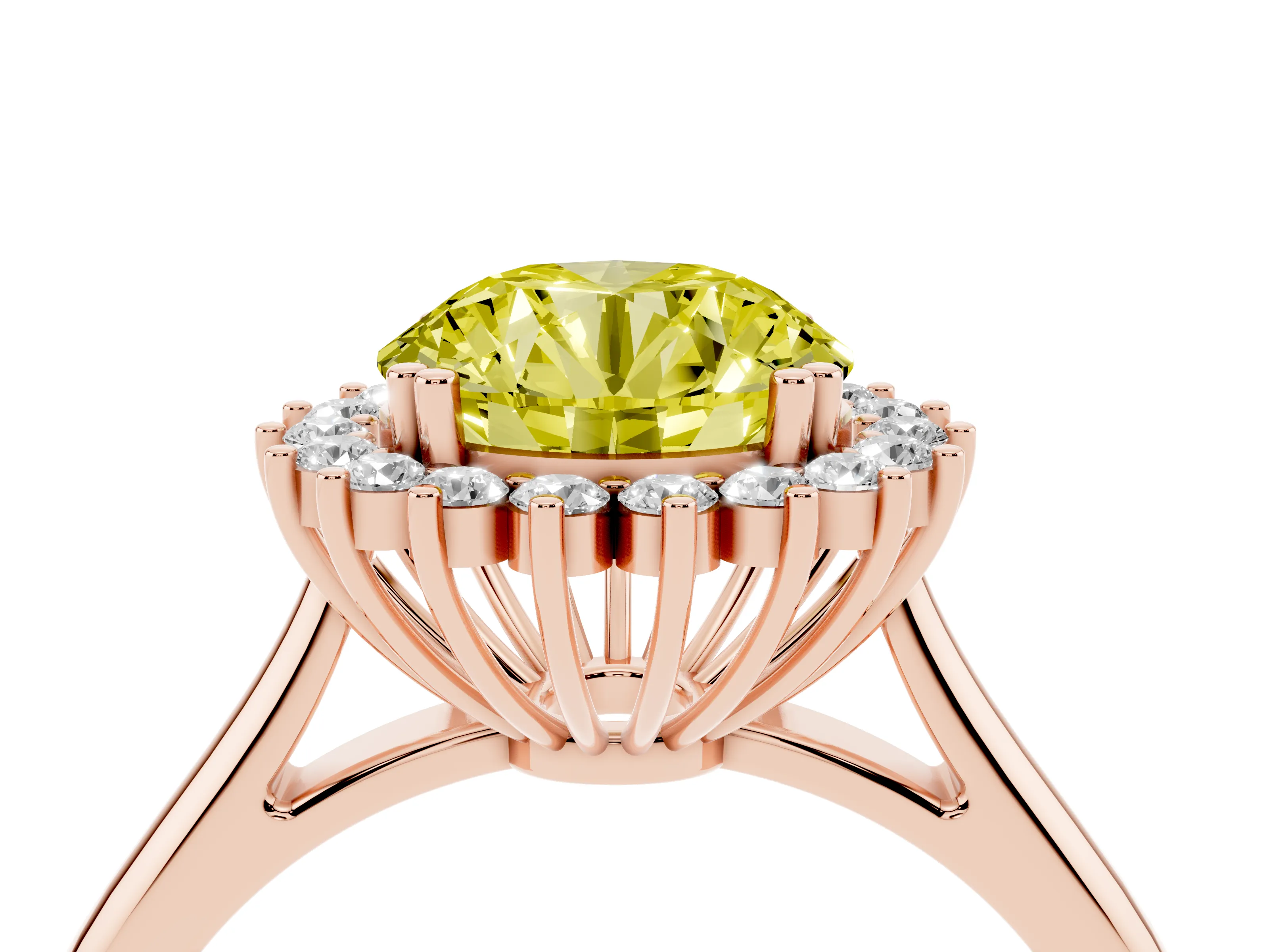 Fancy Yellow Round Cut Diamond Halo Ring Set in Rose gold with Plain Solitaire Band and Prong Setting