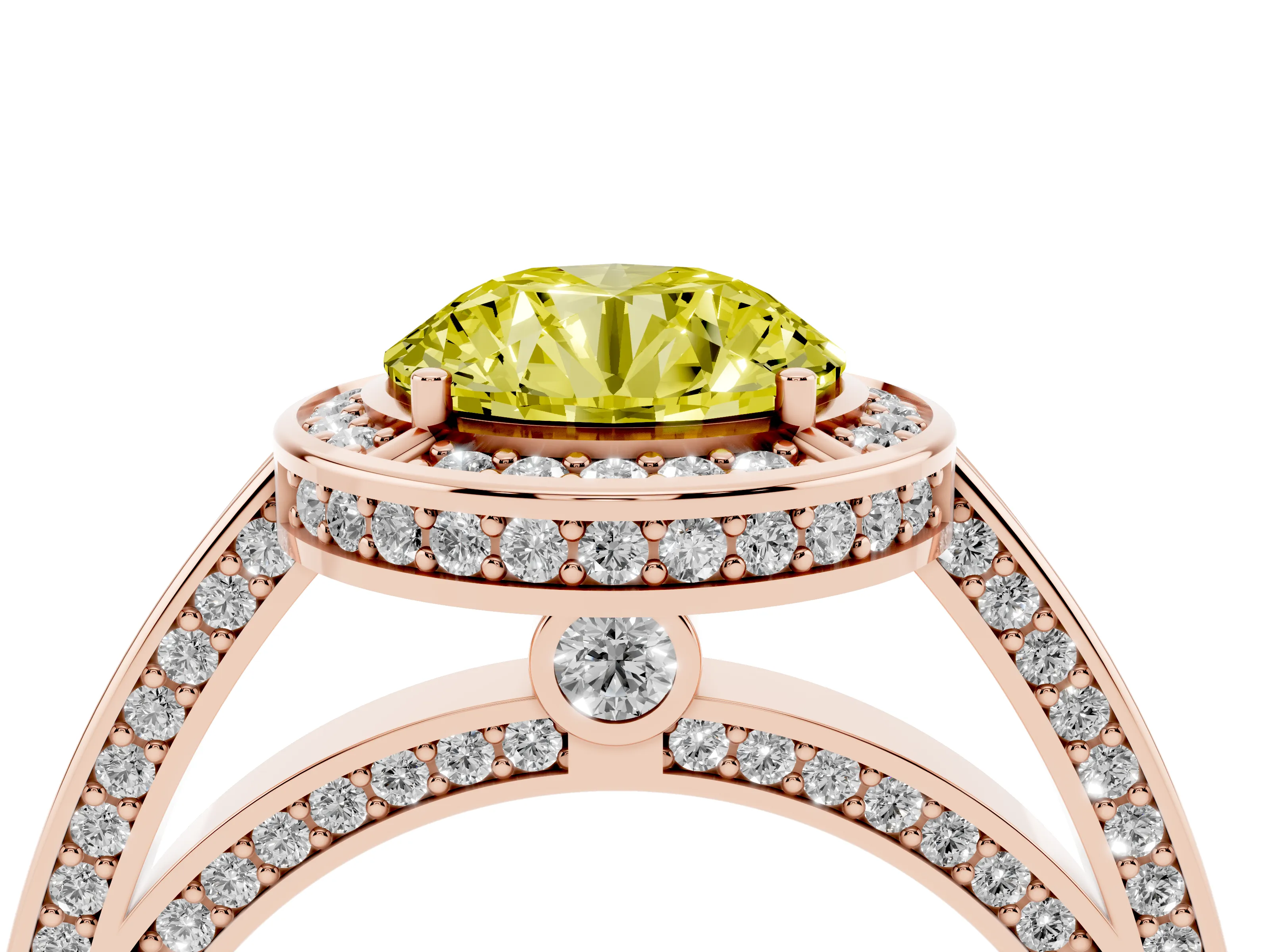 Fancy Yellow Round Cut Diamond Halo Pavé Split Shank Ring Set in Rose gold with Prong Setting