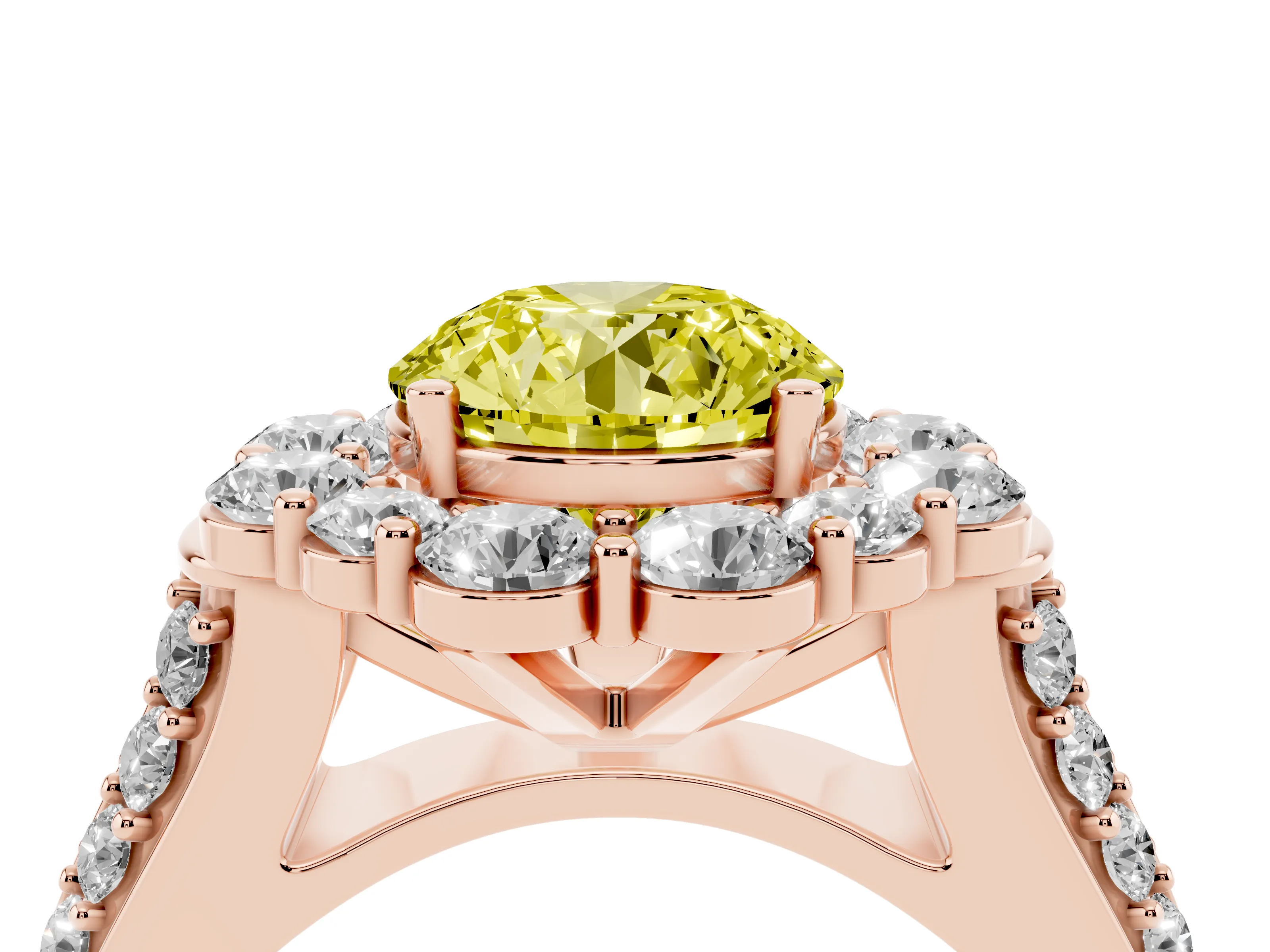 Fancy Yellow Round Cut Diamond Halo Engagement Ring Set in Rose gold with Split Shank and Prong Setting