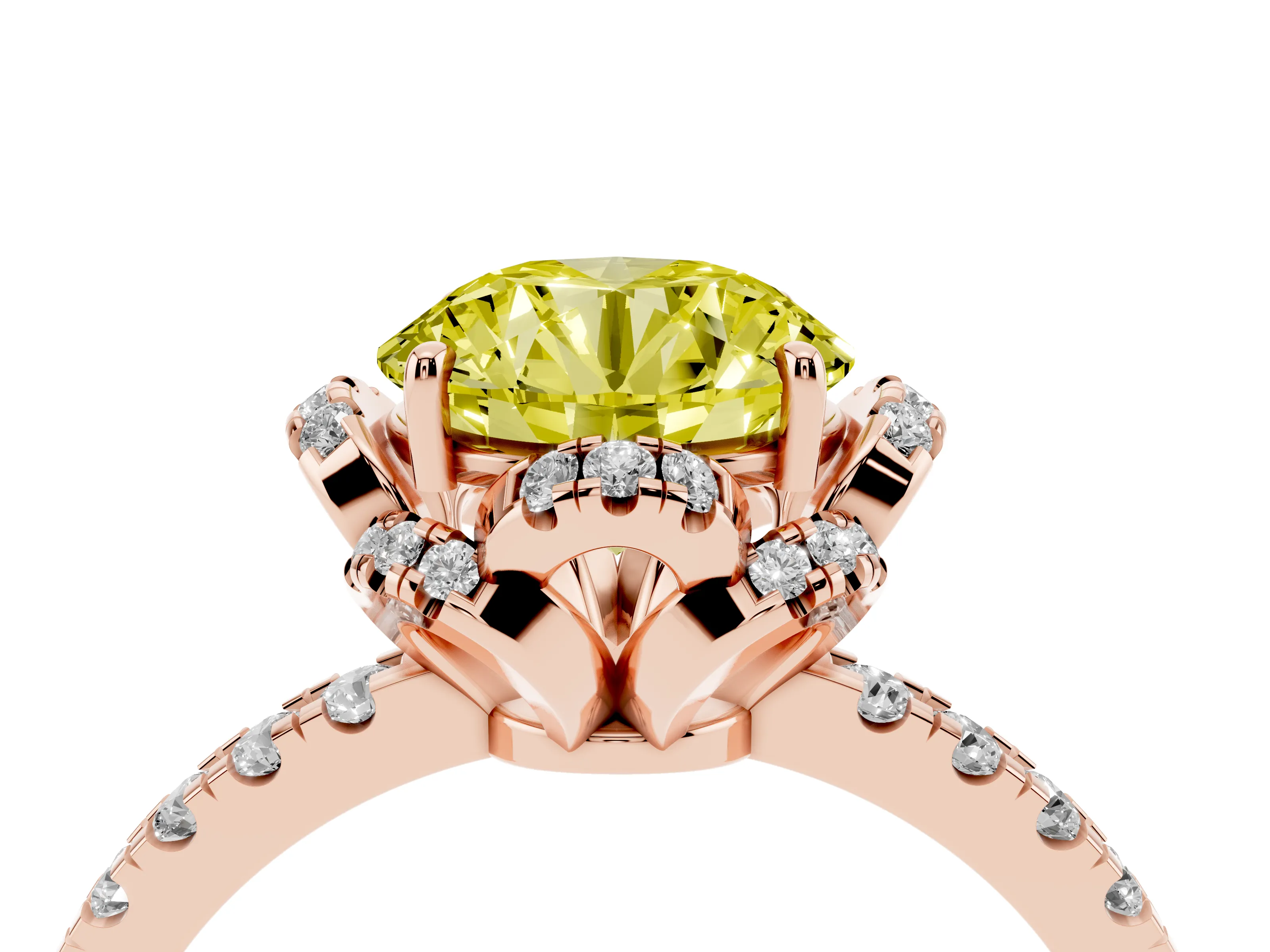 Fancy Yellow Round Cut Diamond Halo Pavé Band Ring Set in Rose gold with Prong-Held Center