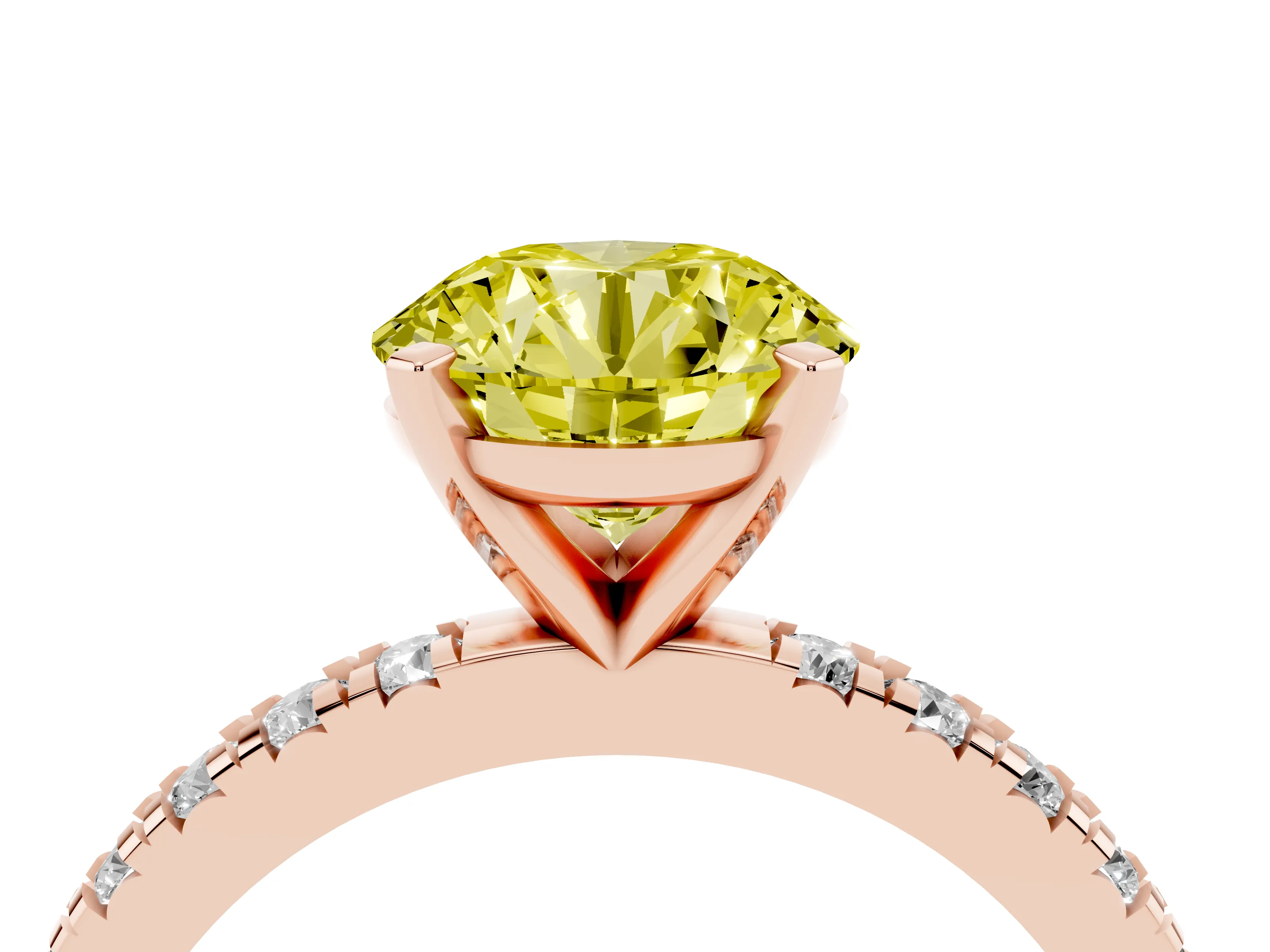 Fancy Yellow Round Cut Diamond Pavé Band Solitaire Set in Rose gold with Prong Setting