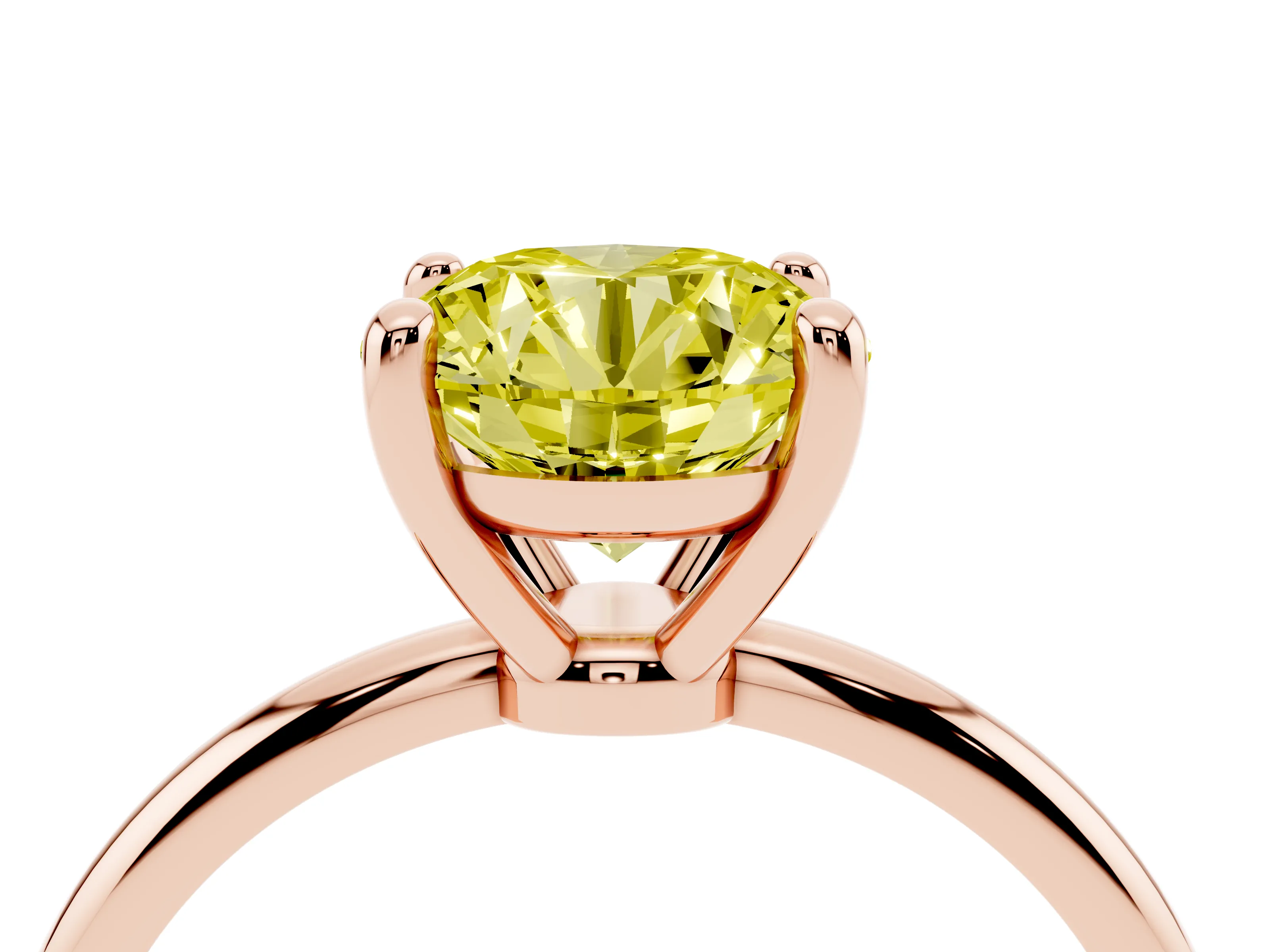 Fancy Yellow Round Cut Diamond Solitaire Ring Set in Rose gold with Secure Prong Setting on a Classic Band