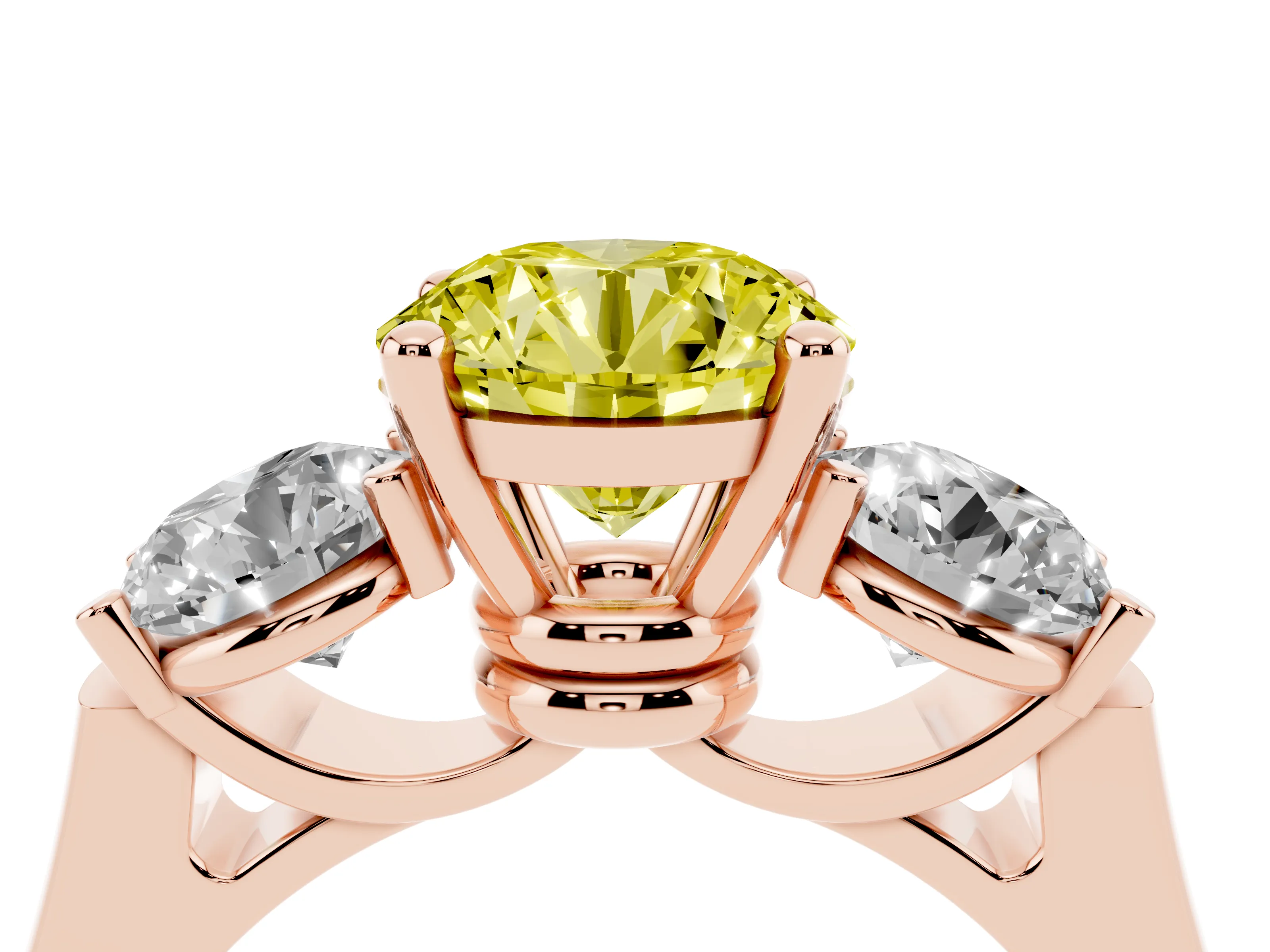 Fancy Yellow Round Cut Diamond Three-Stone Trellis Ring Set in Rose gold with Comfort Fit Band