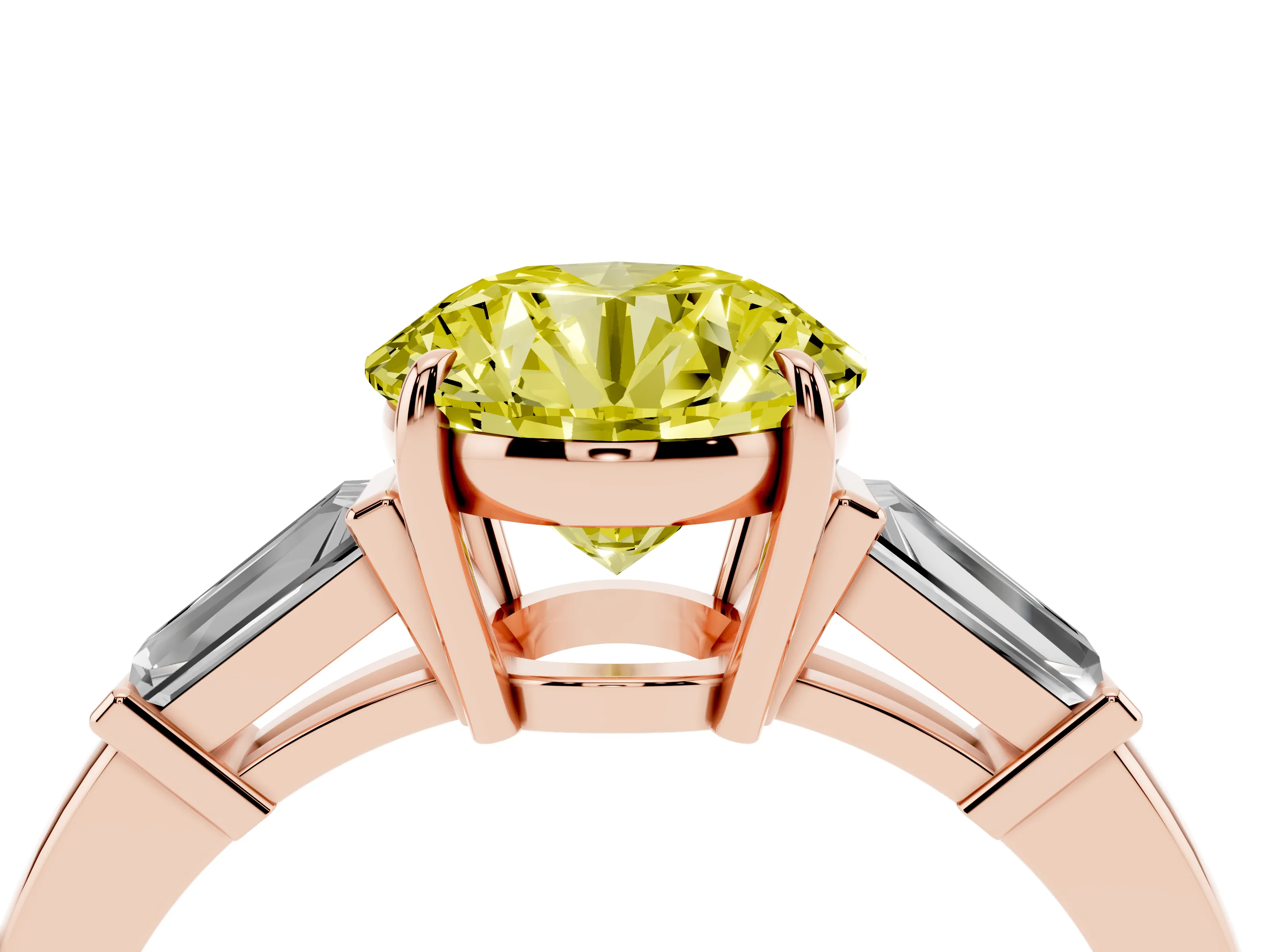 Fancy Yellow Round Cut Diamond Three-Stone Ring Set in Rose gold with Tapered Baguette Side Stones and Prong Setting