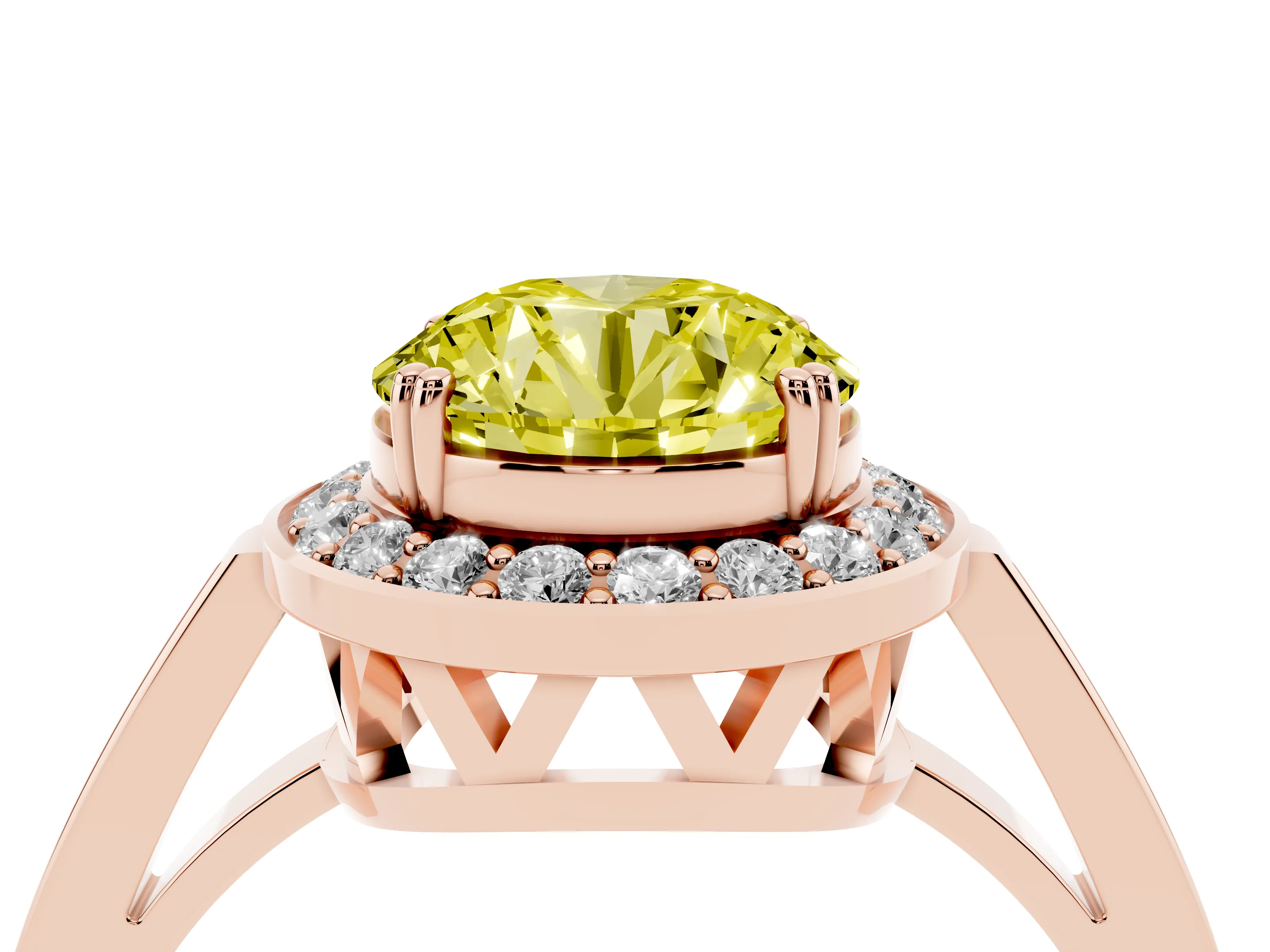 Fancy Yellow Round Cut Diamond Halo Ring Set in Rose gold with Accent-Lined Split Shank and Prong Setting
