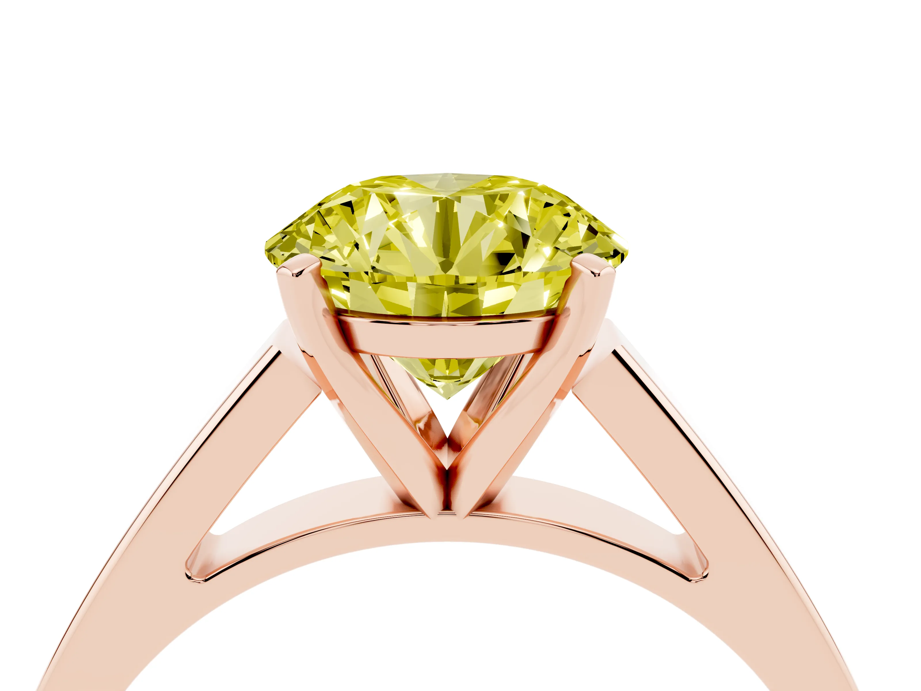 Fancy Yellow Round Cut Diamond Solitaire Engagement Ring Set in Rose gold with Prong Setting and Tapered Band