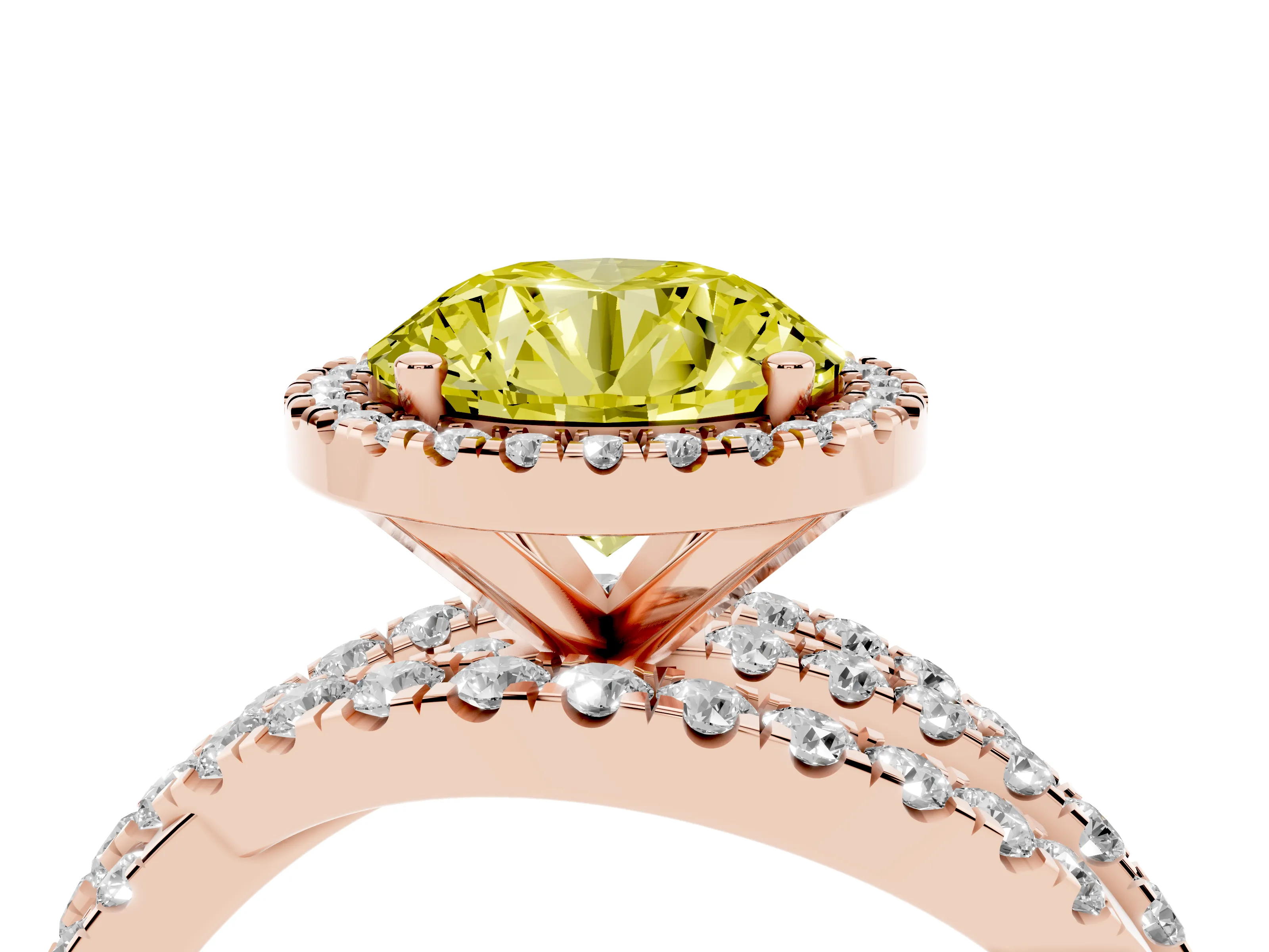 Fancy Yellow Round Cut Diamond Halo Ring Set in Rose gold with Round Crossover Split Shank and Prong Setting
