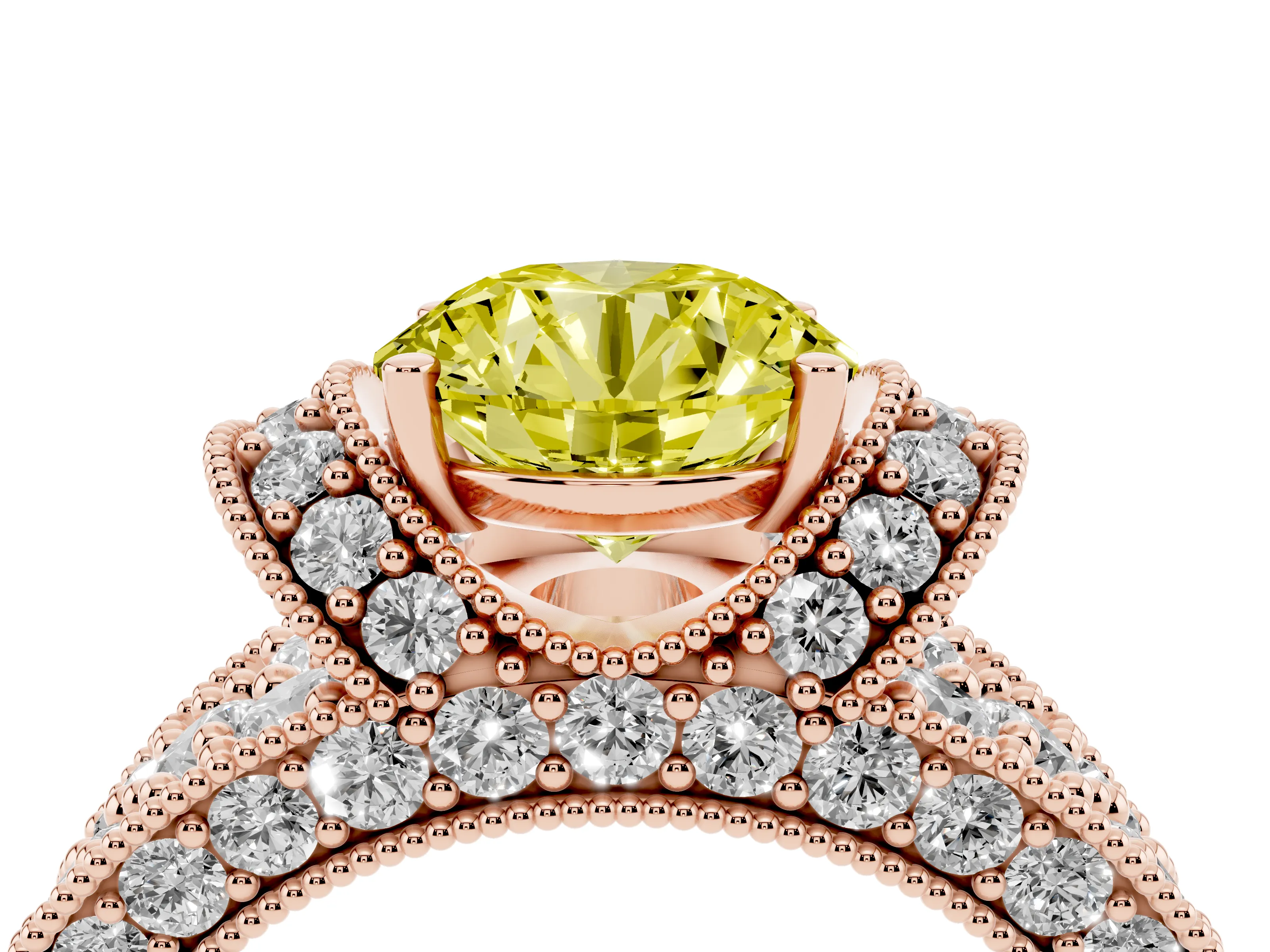 Fancy Yellow Round Cut Diamond Milgrain Halo Pavé Engagement Ring Set in Rose gold with Prong Setting