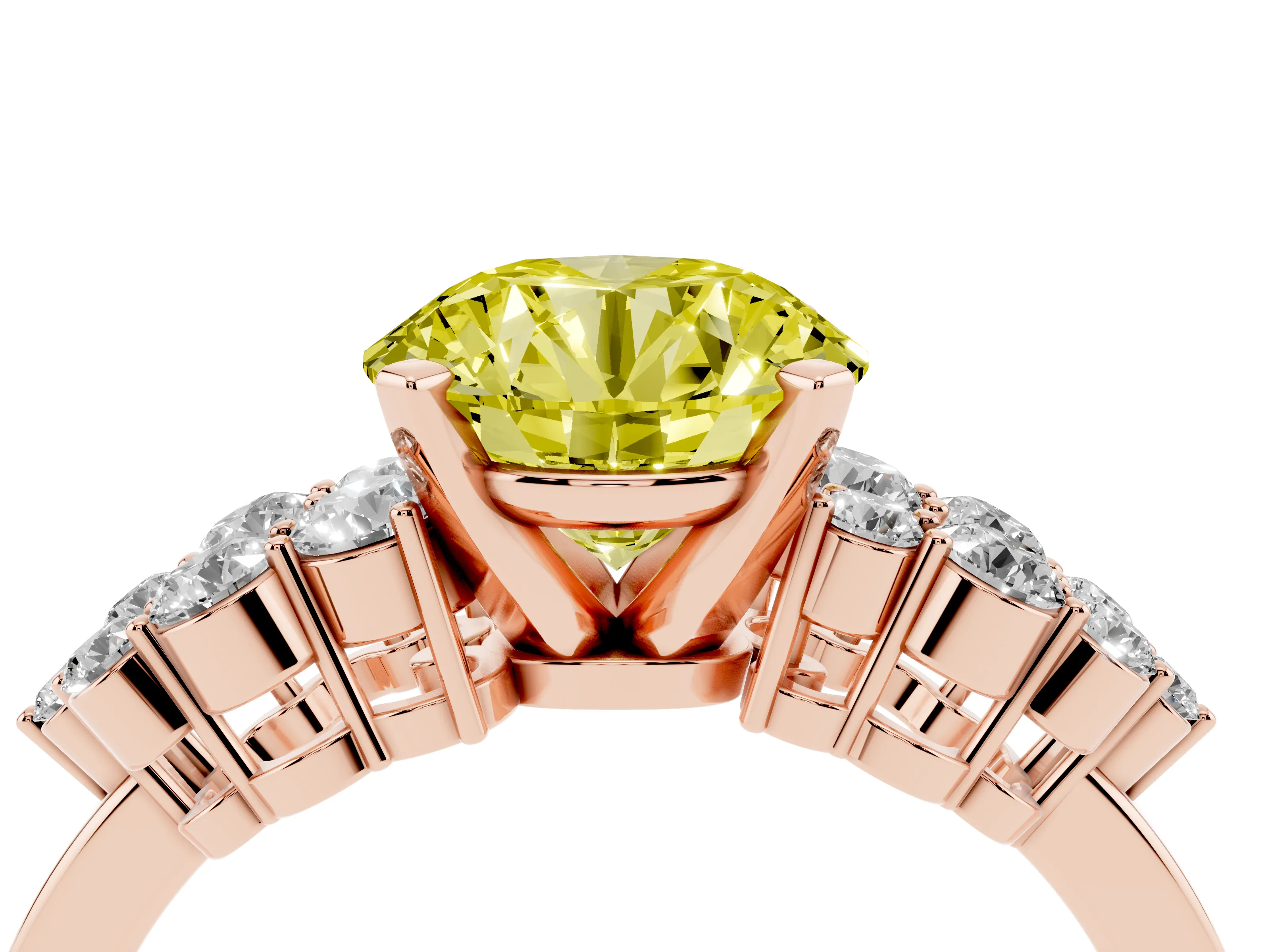 Fancy Yellow Round Cut Diamond Cluster Engagement Ring Set in Rose gold with Pavé Band and Prong Setting