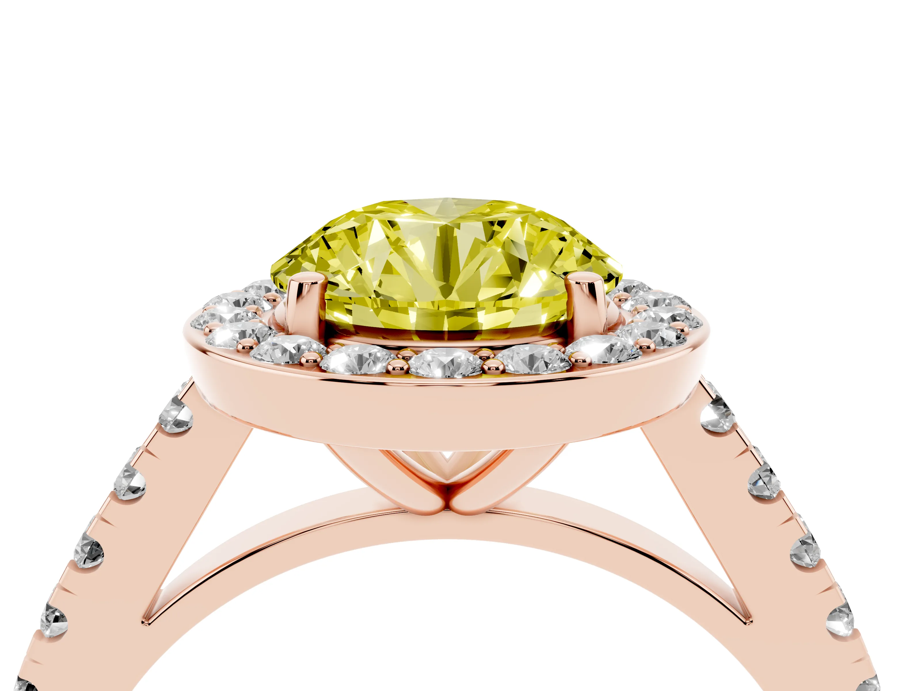 Fancy Yellow Round Cut Diamond Halo Ring Set in Rose gold with Round Pavé Split Shank and Prong Setting