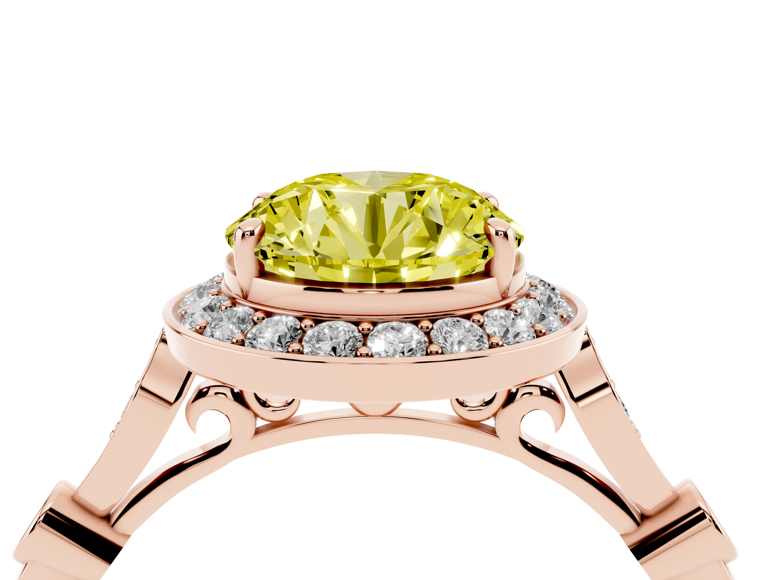 Fancy Yellow Round Cut Diamond Halo Engagement Ring Set in Rose gold with Twisted Band and Prong Setting