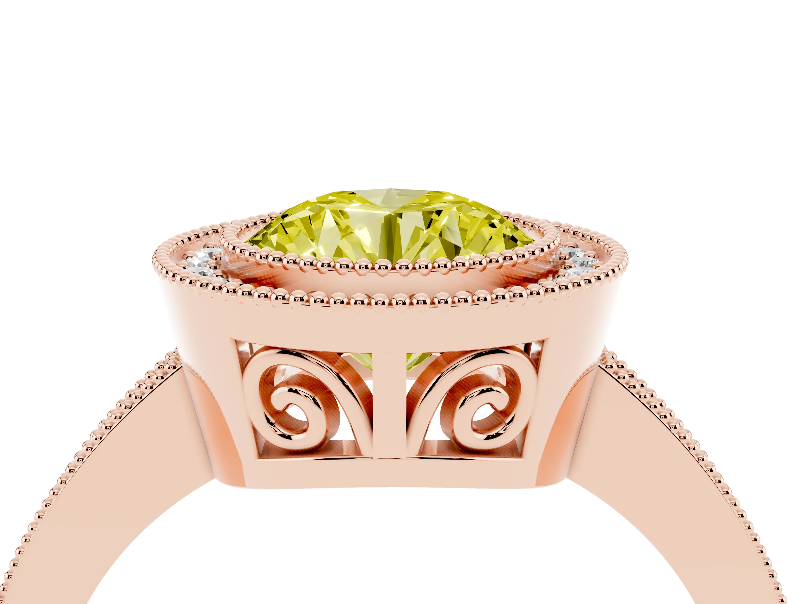 Fancy Yellow Round Cut Diamond Round Halo Ring Set in Rose gold with Pavé Band