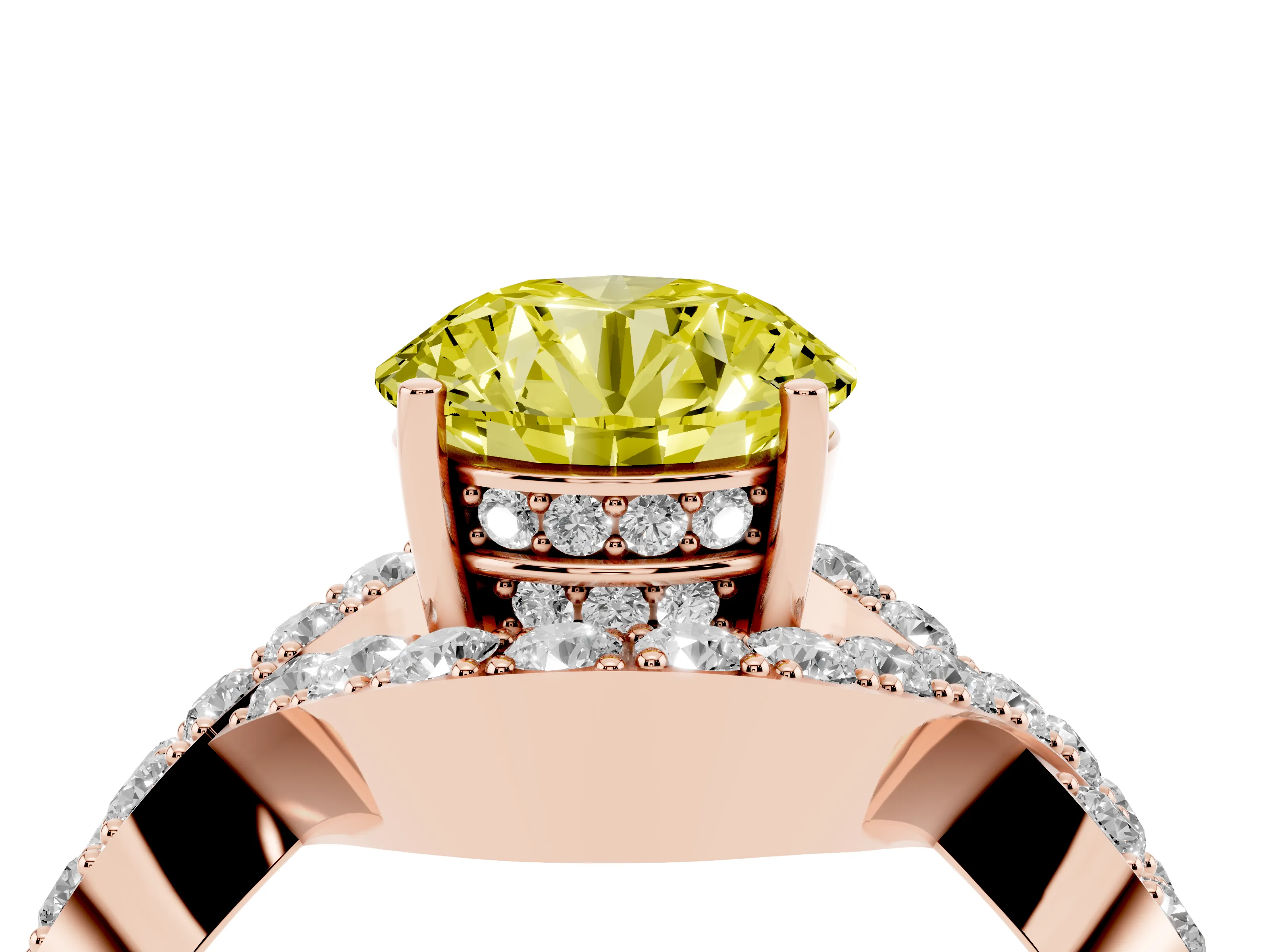 Fancy Yellow Round Cut Diamond Solitaire Twist Band Pavé Engagement Ring Set in Rose gold