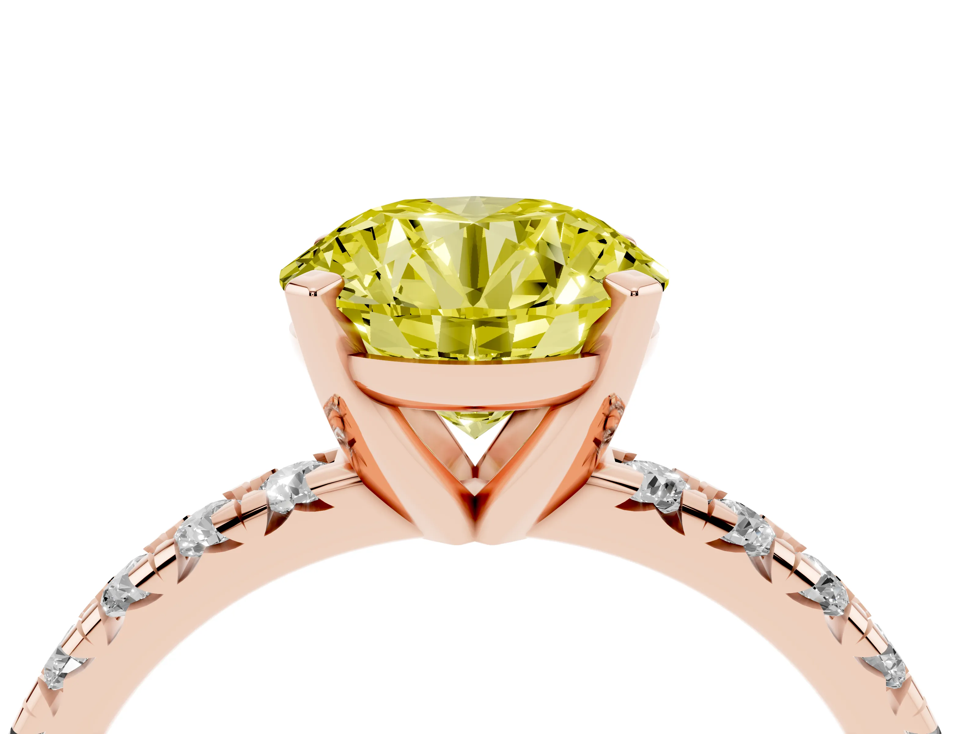 Fancy Yellow Round Cut Diamond Solitaire Pavé Engagement Ring Set in Rose gold with Round Band and Prong Setting